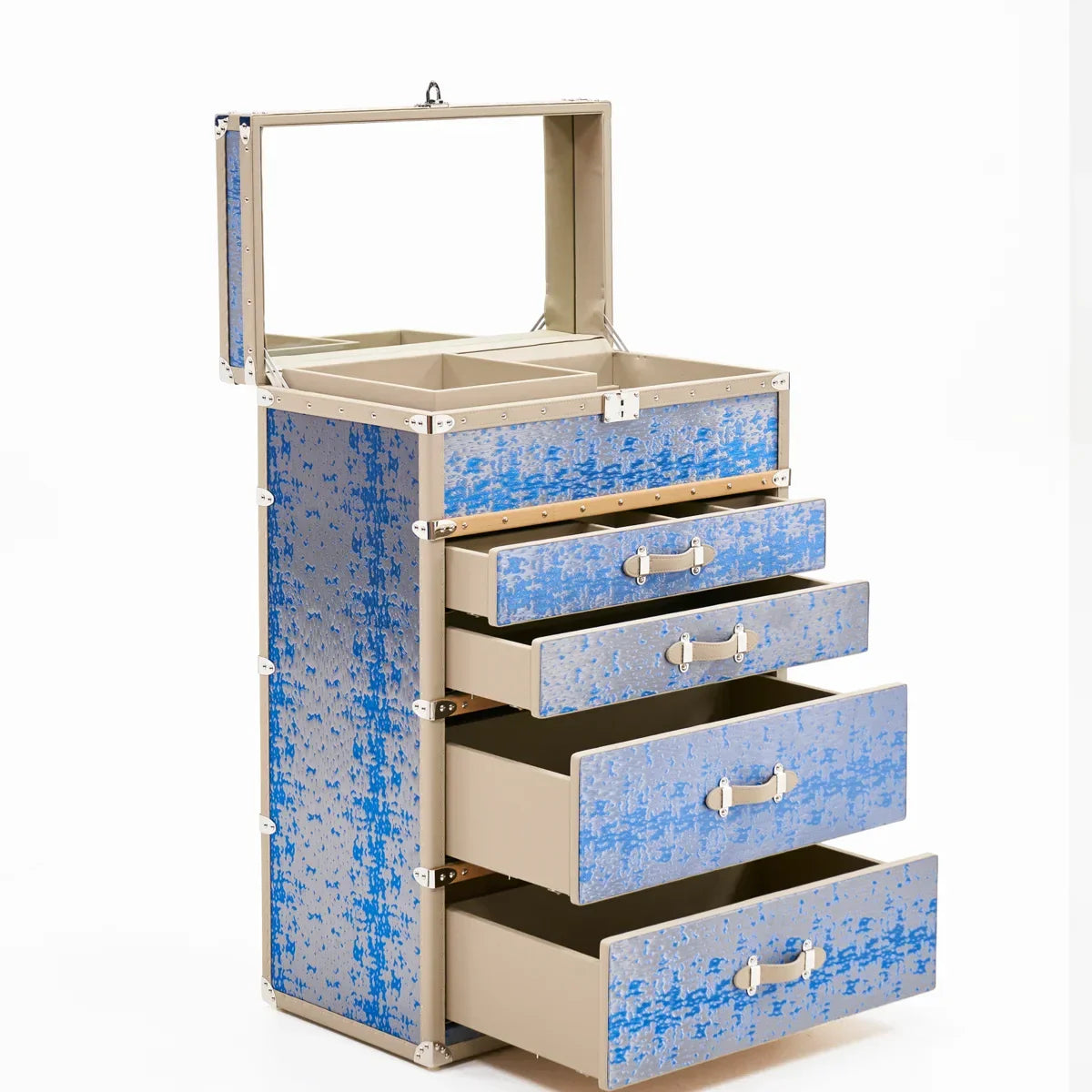 Tiered-drawer jewellery cabinet in ivory and blue - SIRAE bespoke walk-in closet storage for Kuwait City villas