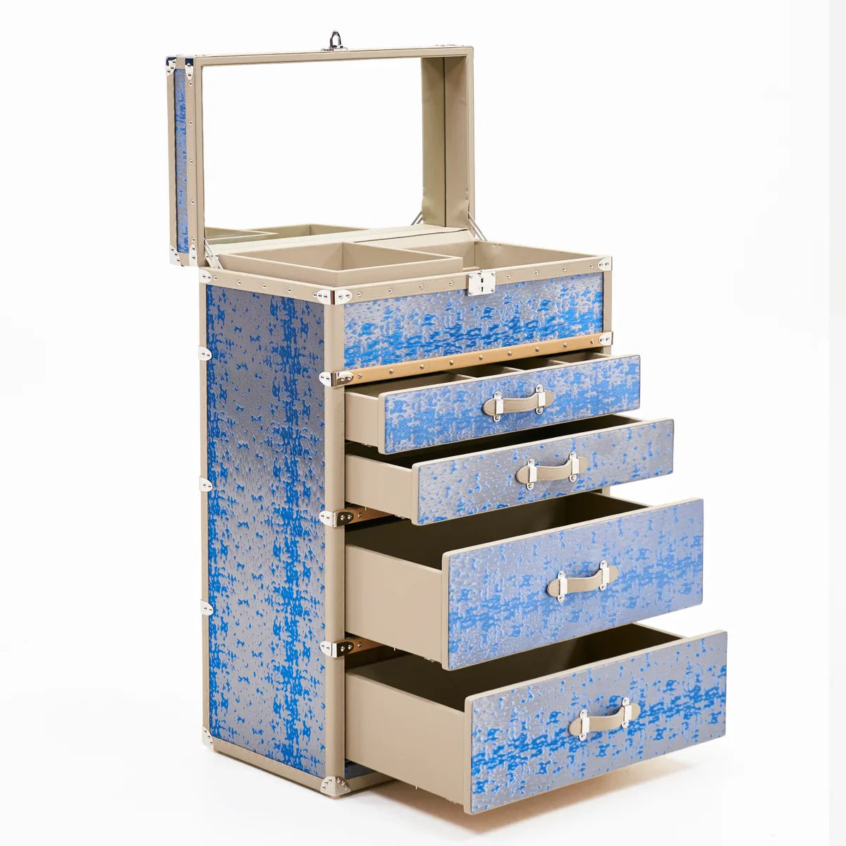 Mirrored vanity dressing cabinet in blue brocade with tarnish-resistant drawers for Kuwaiti villas