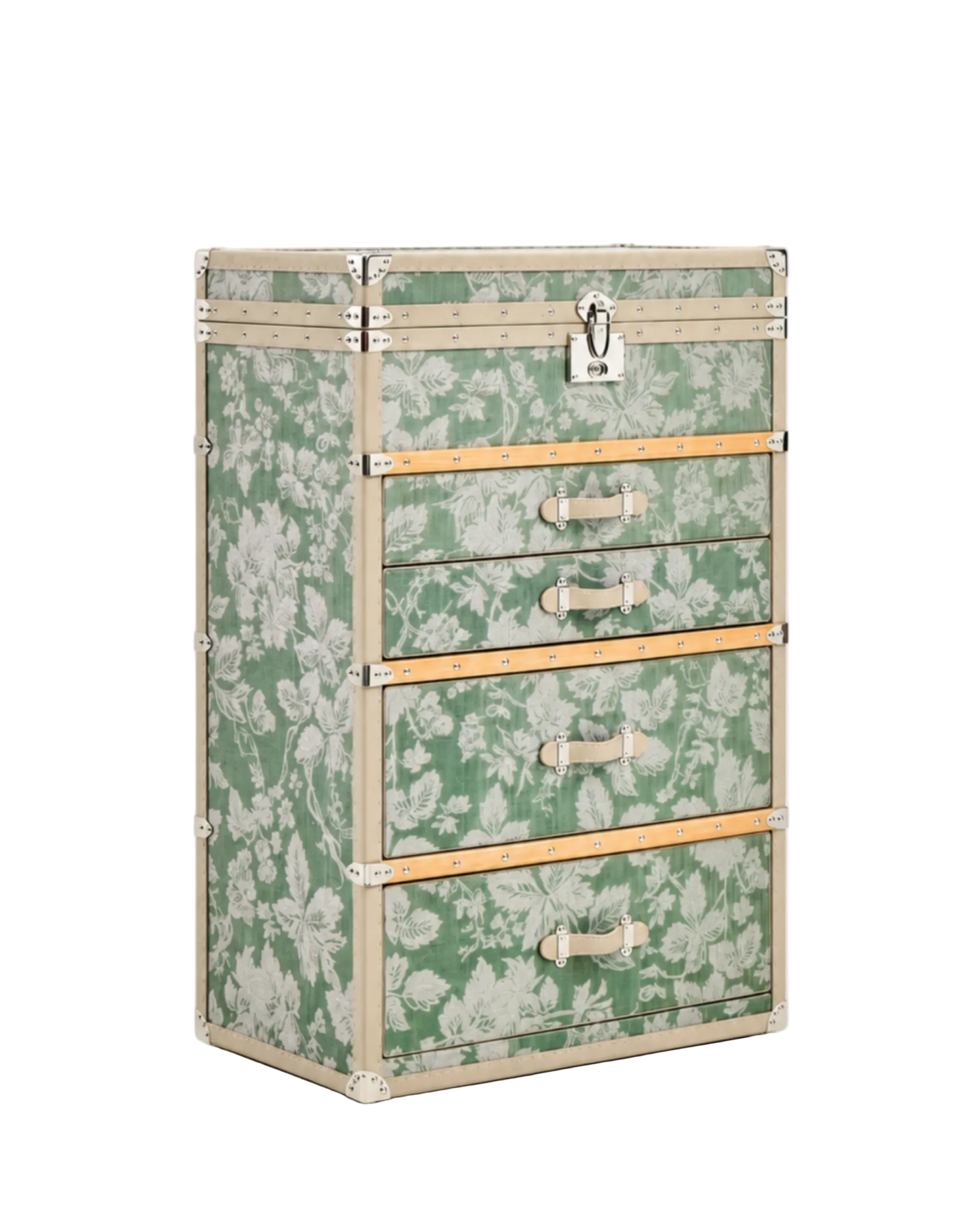 A vintage-style four-drawer chest with a green and white floral toile pattern, beige wood trim, and silver metal corner guards and handles, shown on a light gray background.