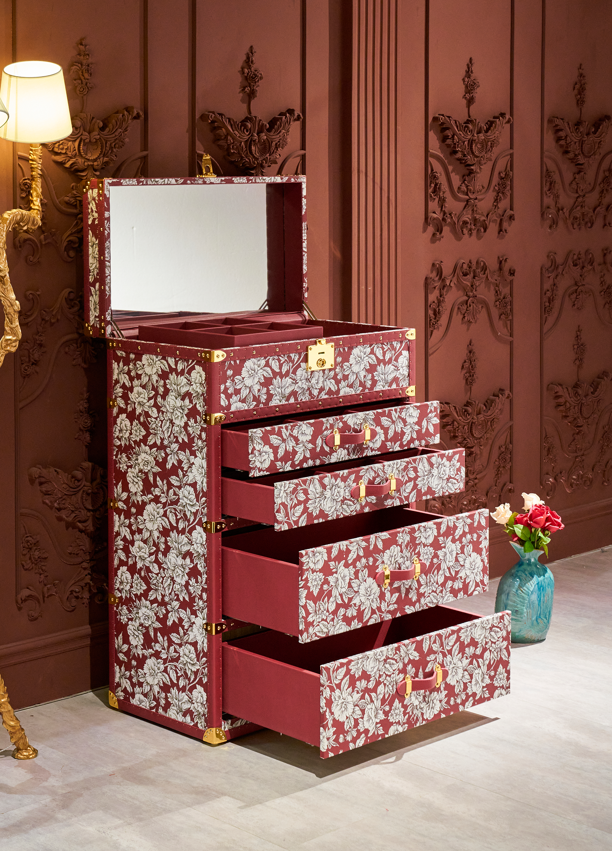 Heritage Luxe Jewelry Trunk - Red Floral Print