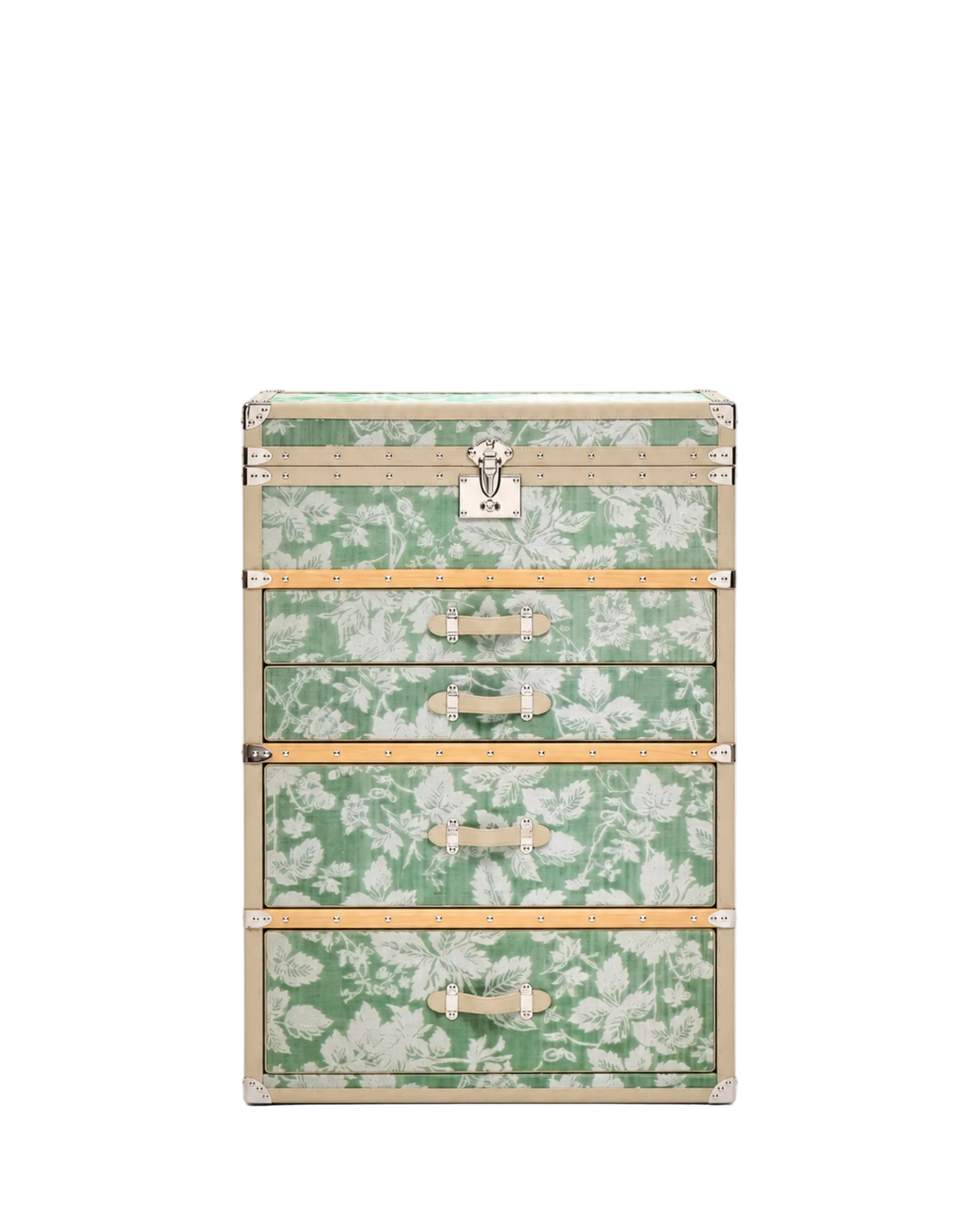 A vintage-style four-drawer chest with a green and white toile floral pattern, beige leather trim, and silver metal corner guards and handles, photographed against a neutral light gray background.