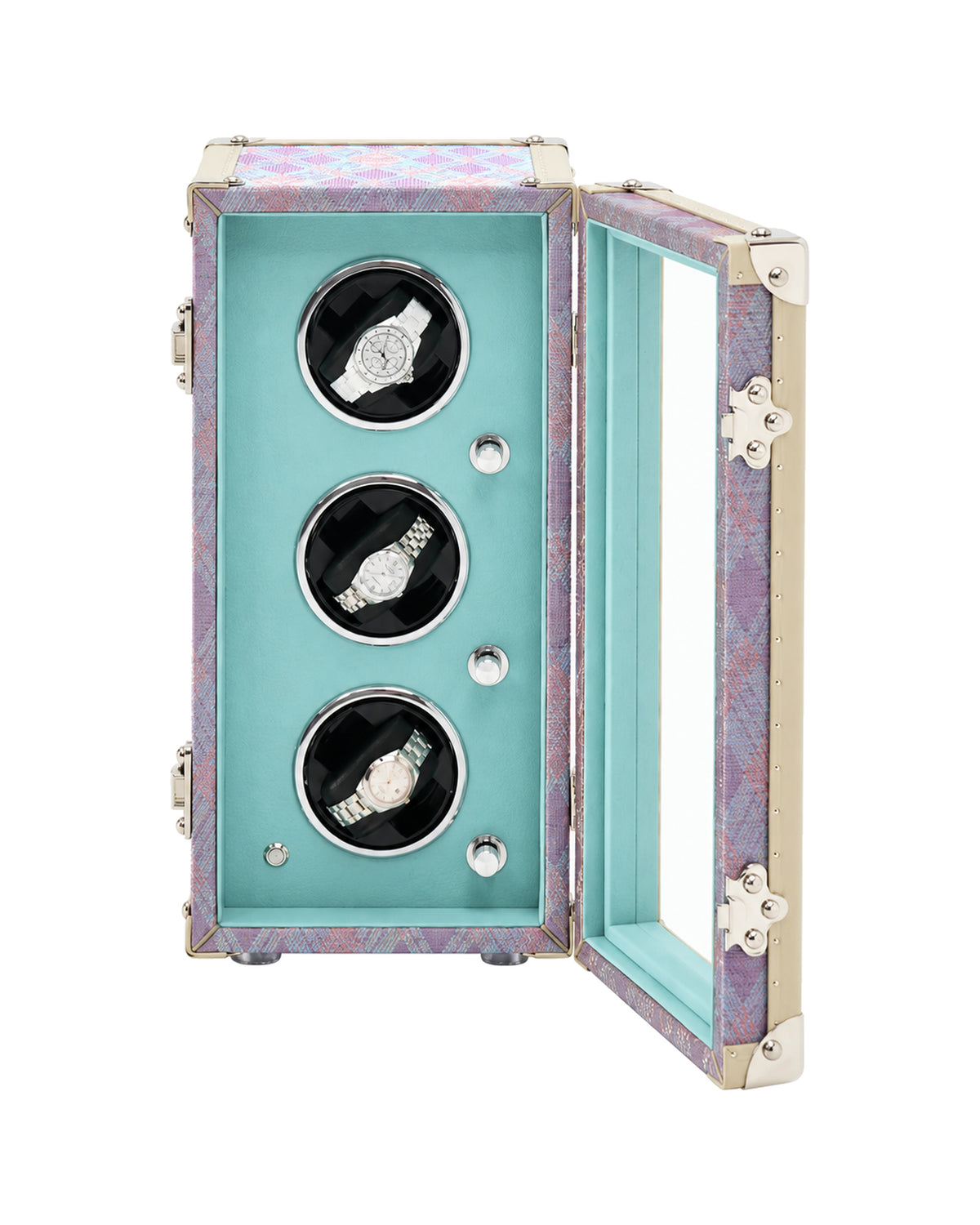 Front view of the anemone purple three-watch winder case, SIRAE Dubai