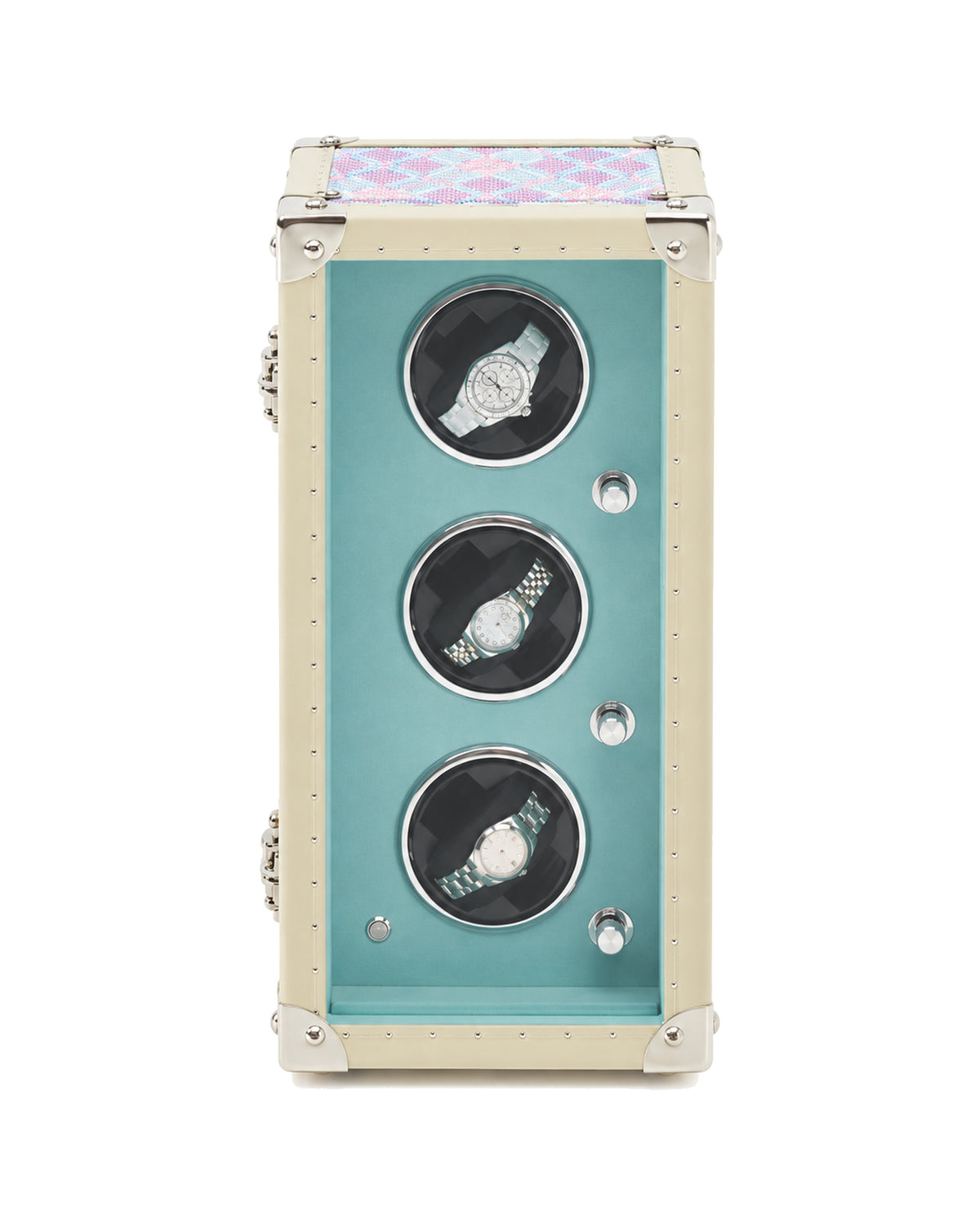 Three-watch winder case shown open behind its glazed door, SIRAE Dubai