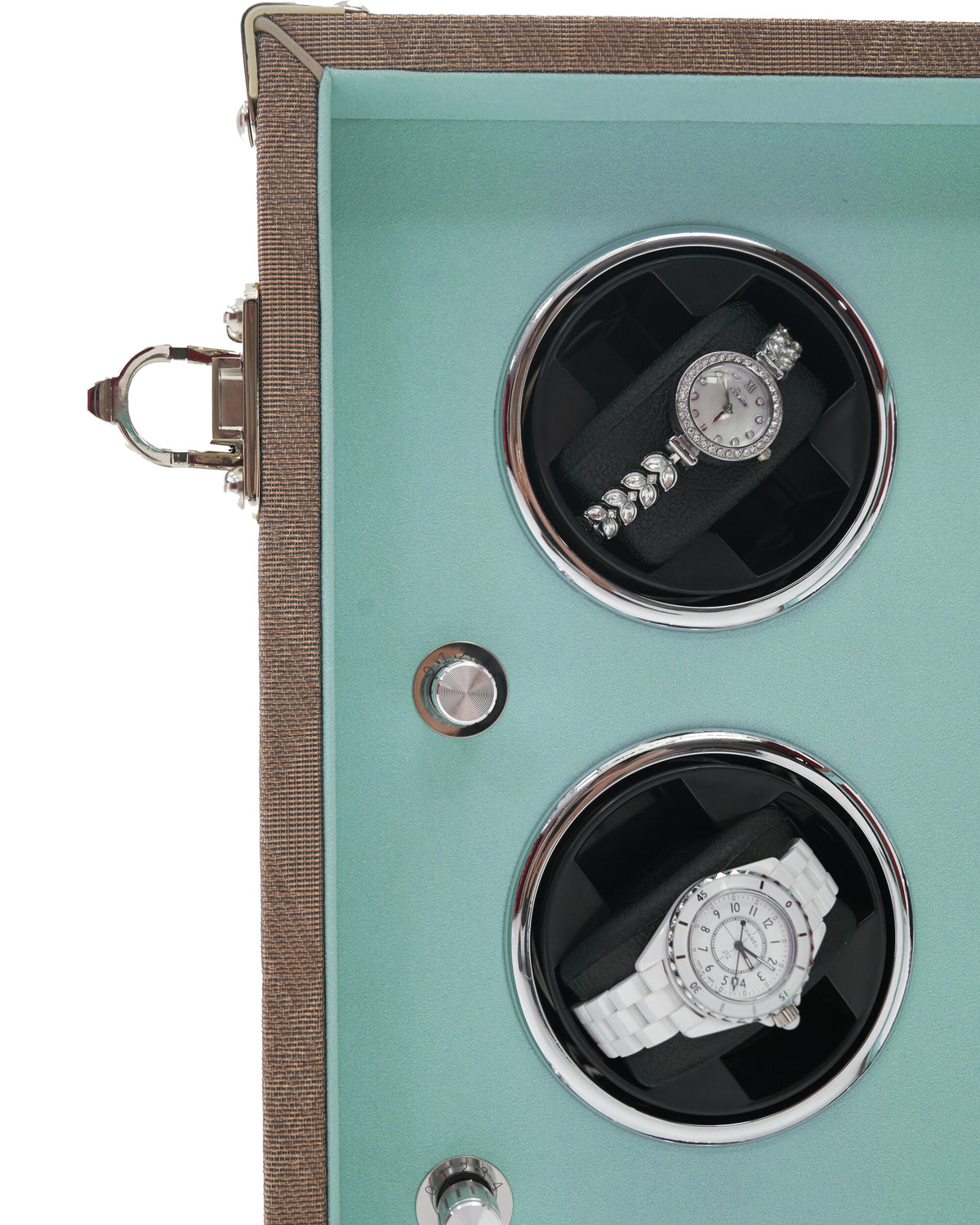 Brass-tone corner and latch detail on the dune gold winder case, SIRAE Dubai