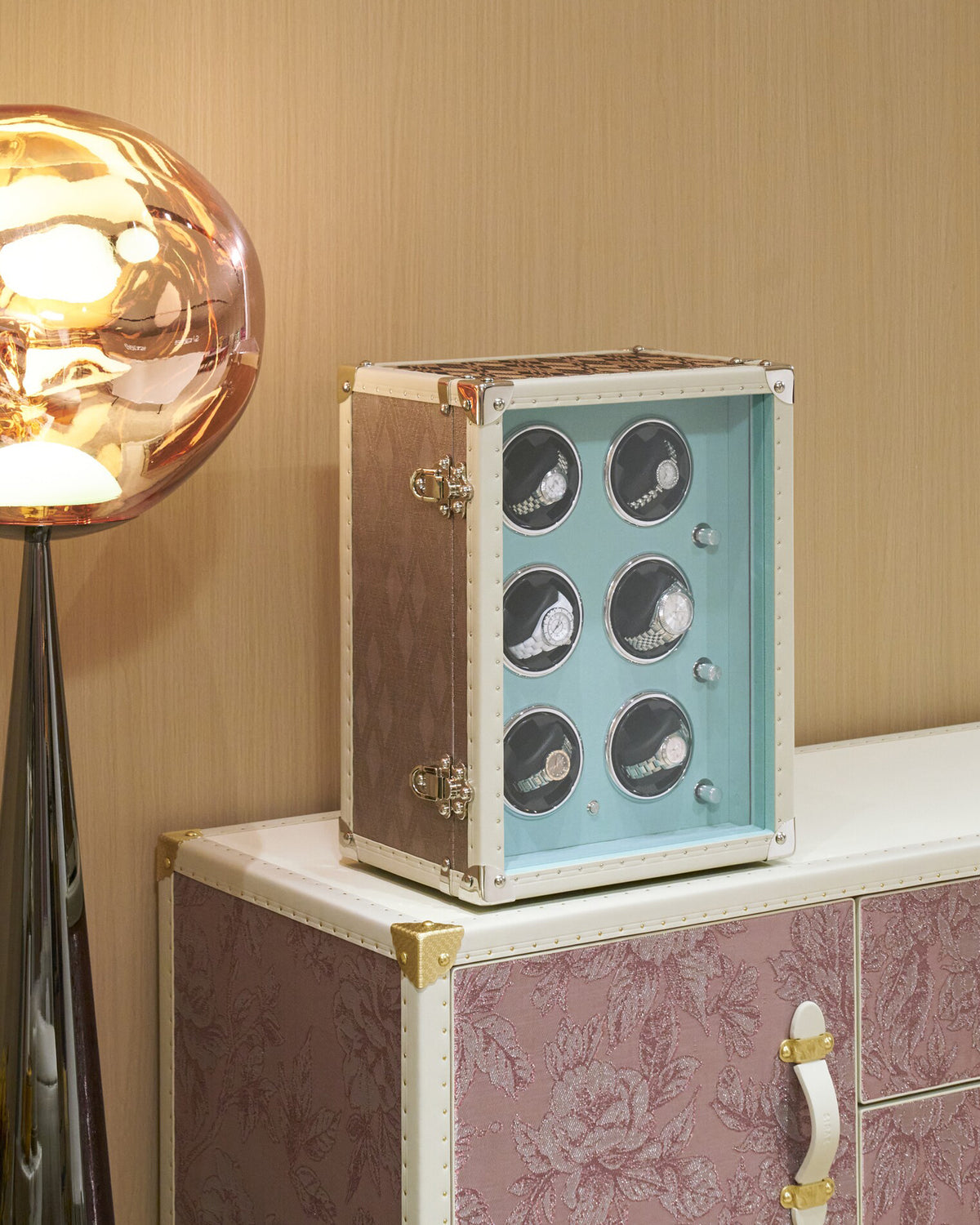 Dune gold watch winder case shown open with six winders, SIRAE Dubai