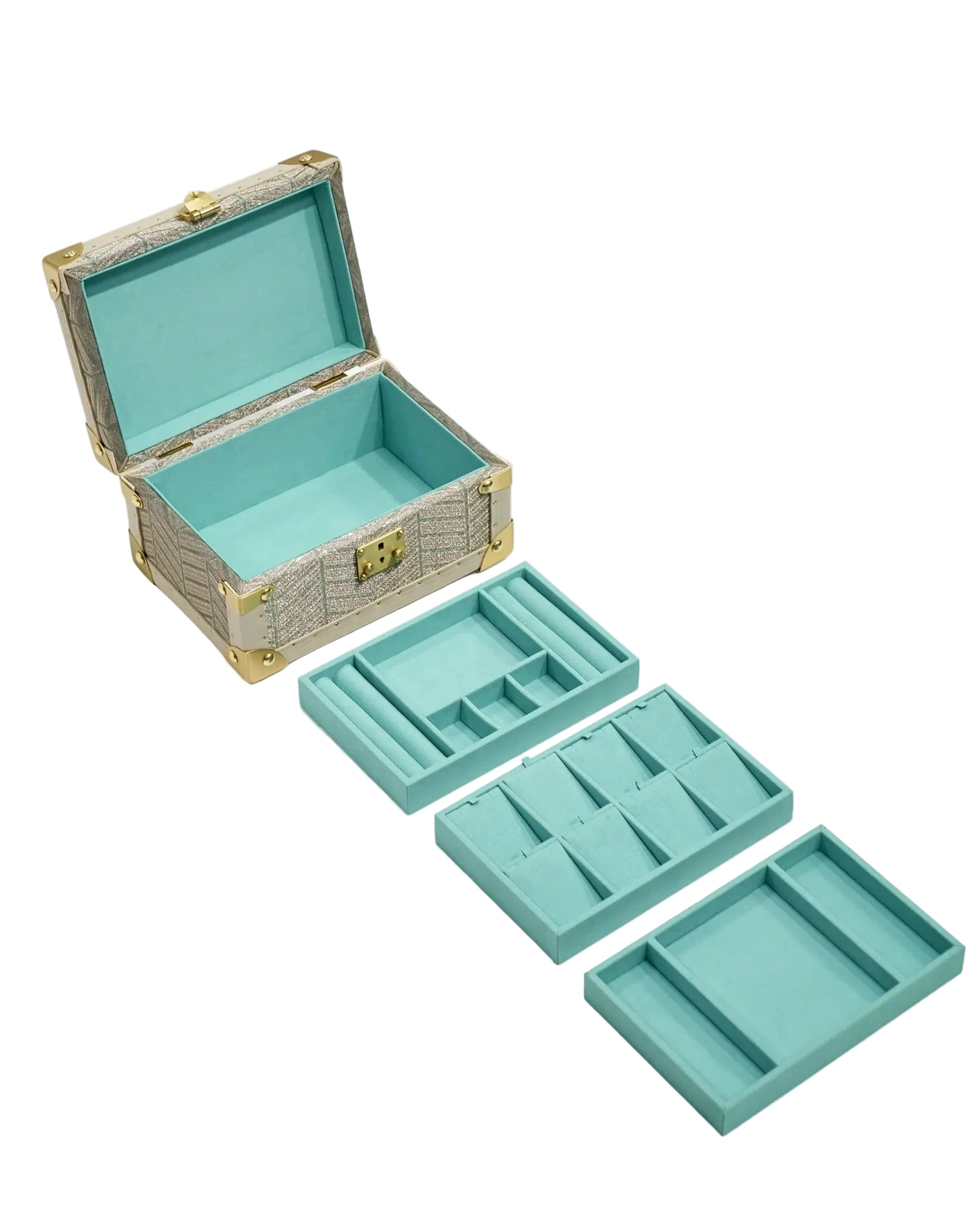Open view of the avocado green copper jewelry box by SIRAE Dubai