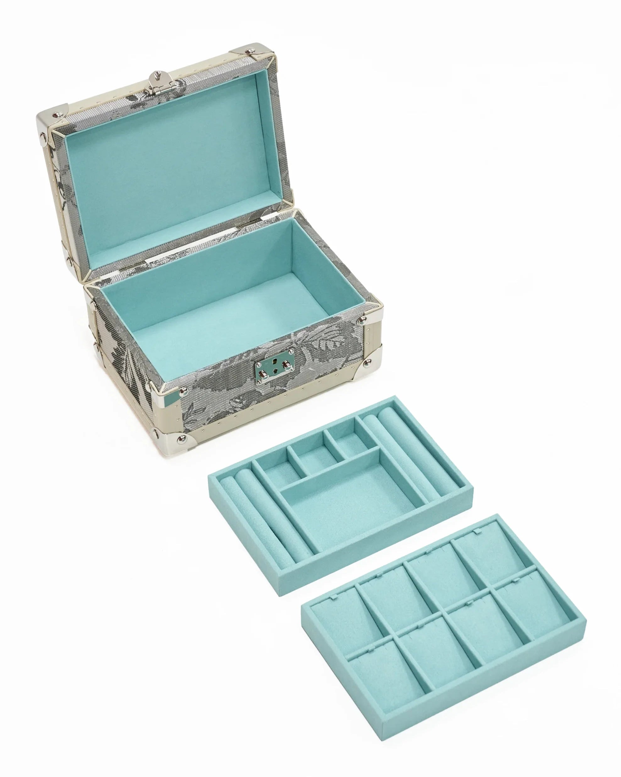 Velvet-lined interior of the SIRAE Aurum Loom grey petal jewelry box, styled for luxury storage