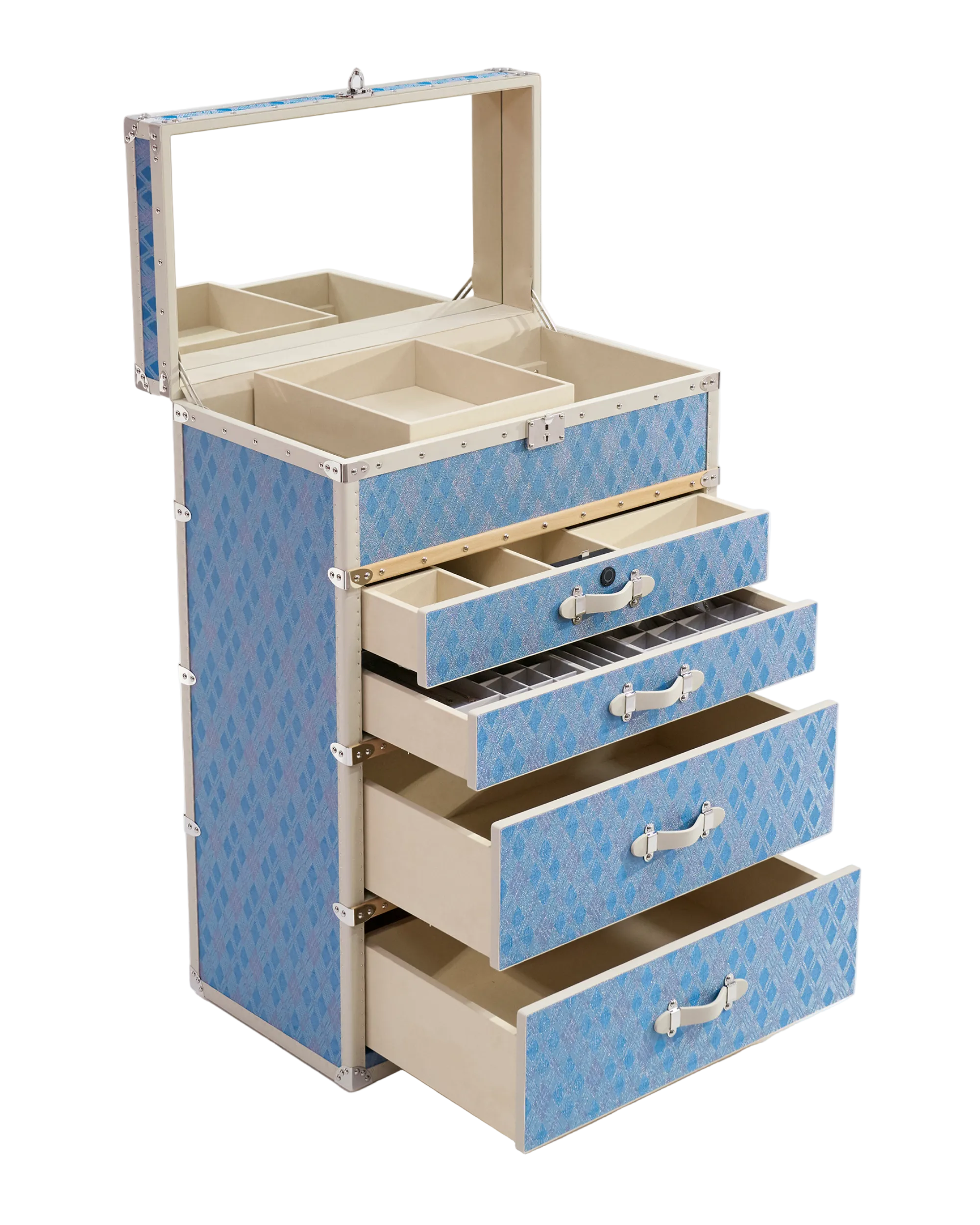 Velvet-lined interior of the SIRAE Aurum Loom diamond mist blue jewelry cabinet, styled for luxury storage