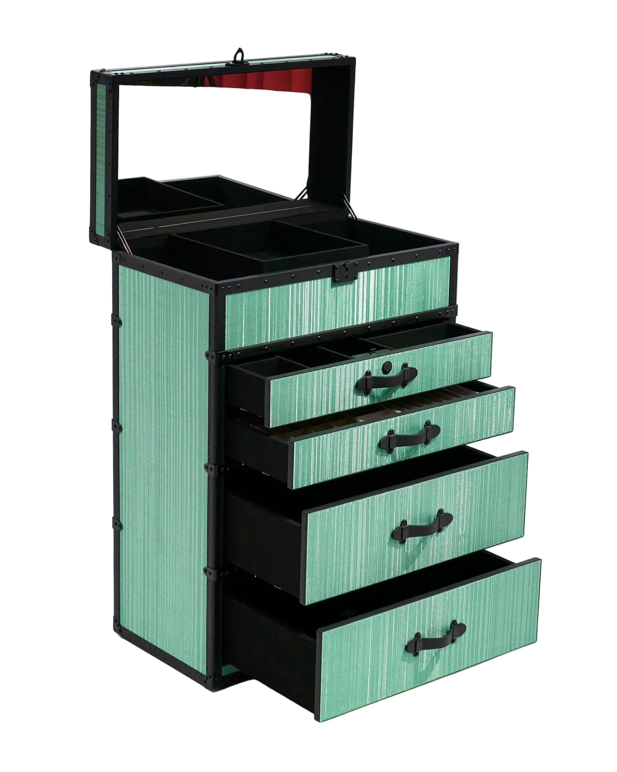 SIRAE Aurum Loom celadon mist jewelry trunk styled with jewelry in a luxury Dubai interior