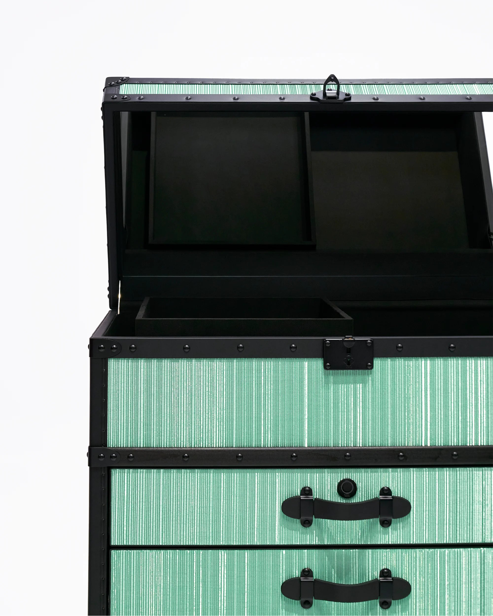 Open view of the celadon mist copper jewelry trunk by SIRAE Dubai, showing biometric jewelry cabinet