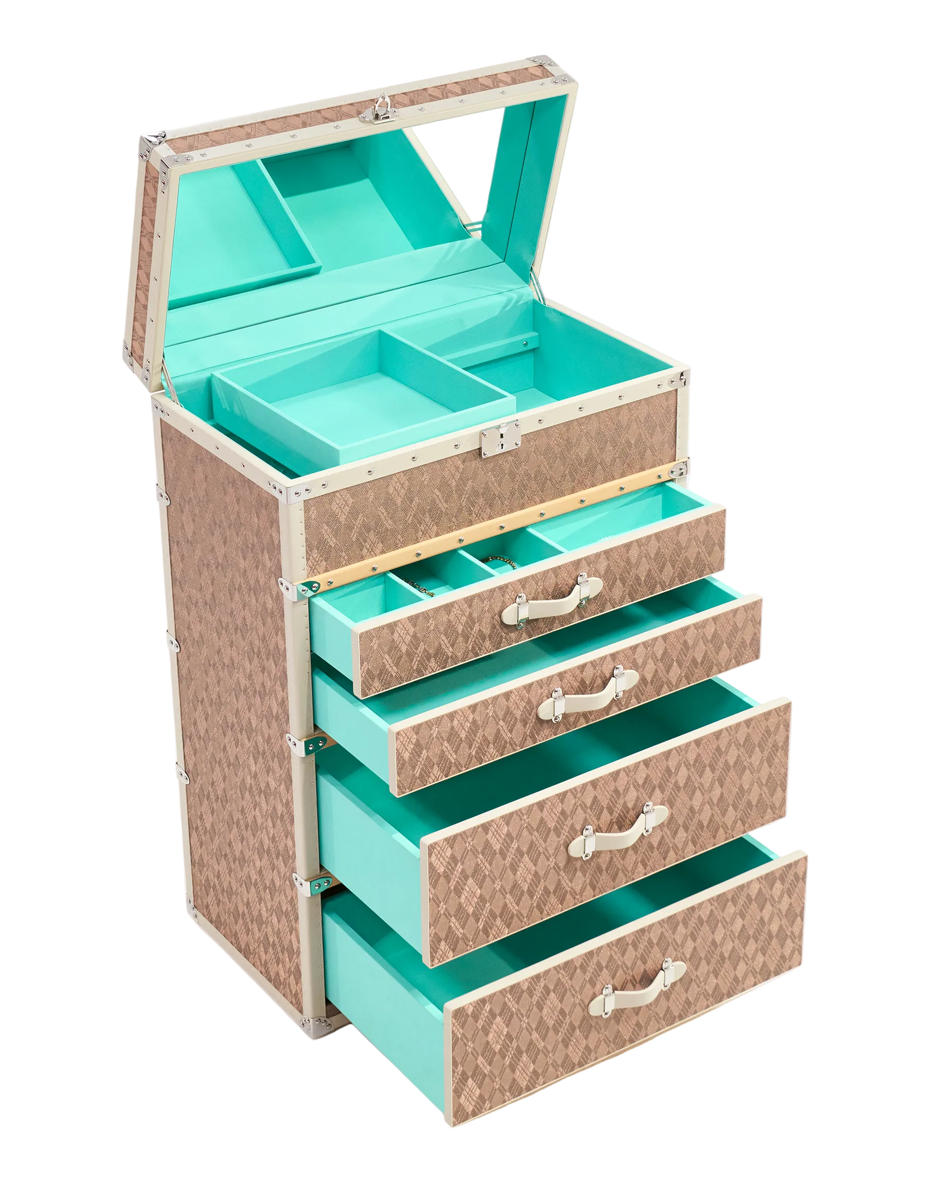 Velvet-lined interior of the SIRAE Aurum Loom dune gold jewelry trunk, styled for luxury storage