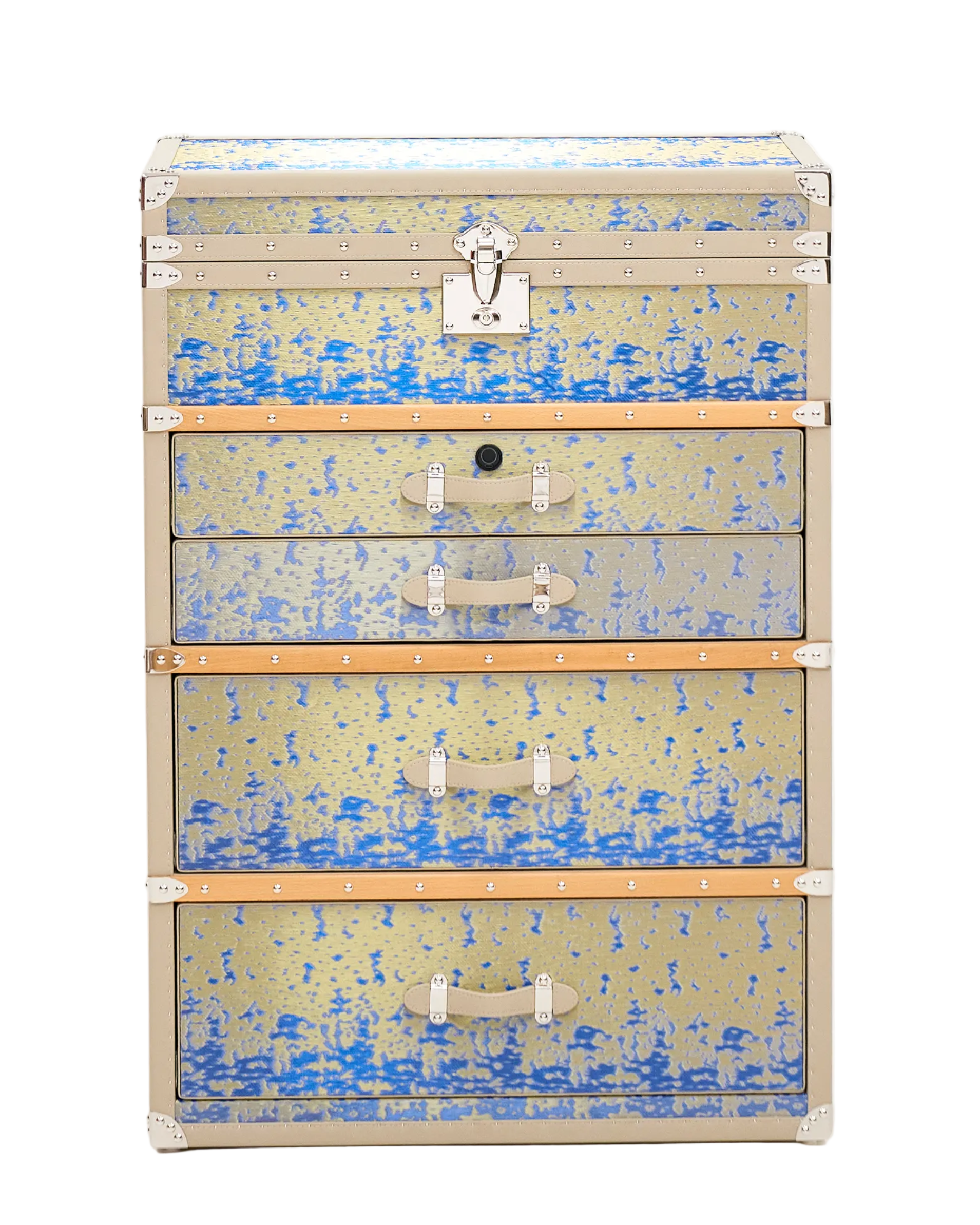 SIRAE Aurum Loom biometric jewelry trunk in gilded blue handwoven copper mesh, Dubai luxury atelier