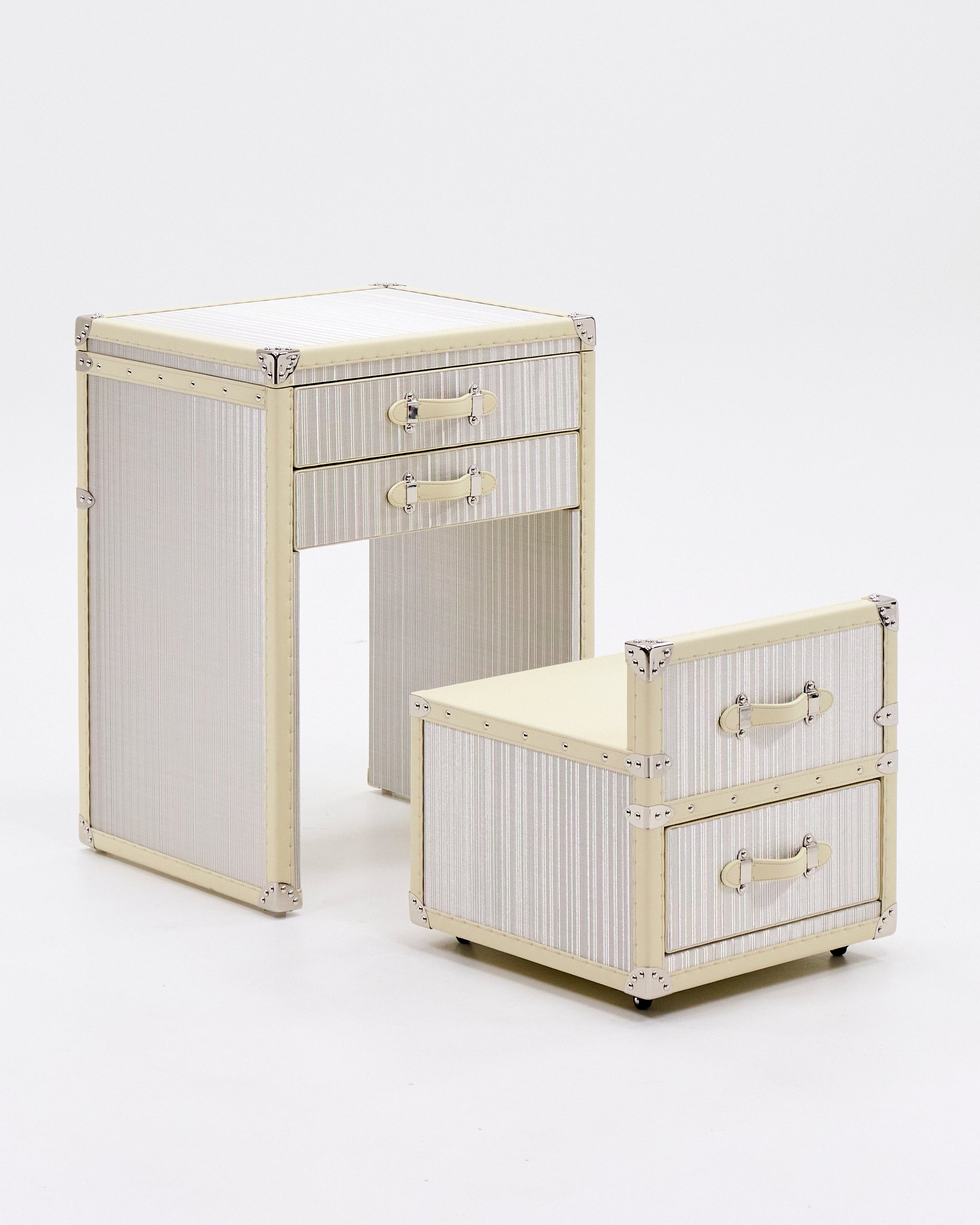 SIRAE Aurum Loom gilded white vanity cabinet styled with jewelry in a luxury Dubai interior