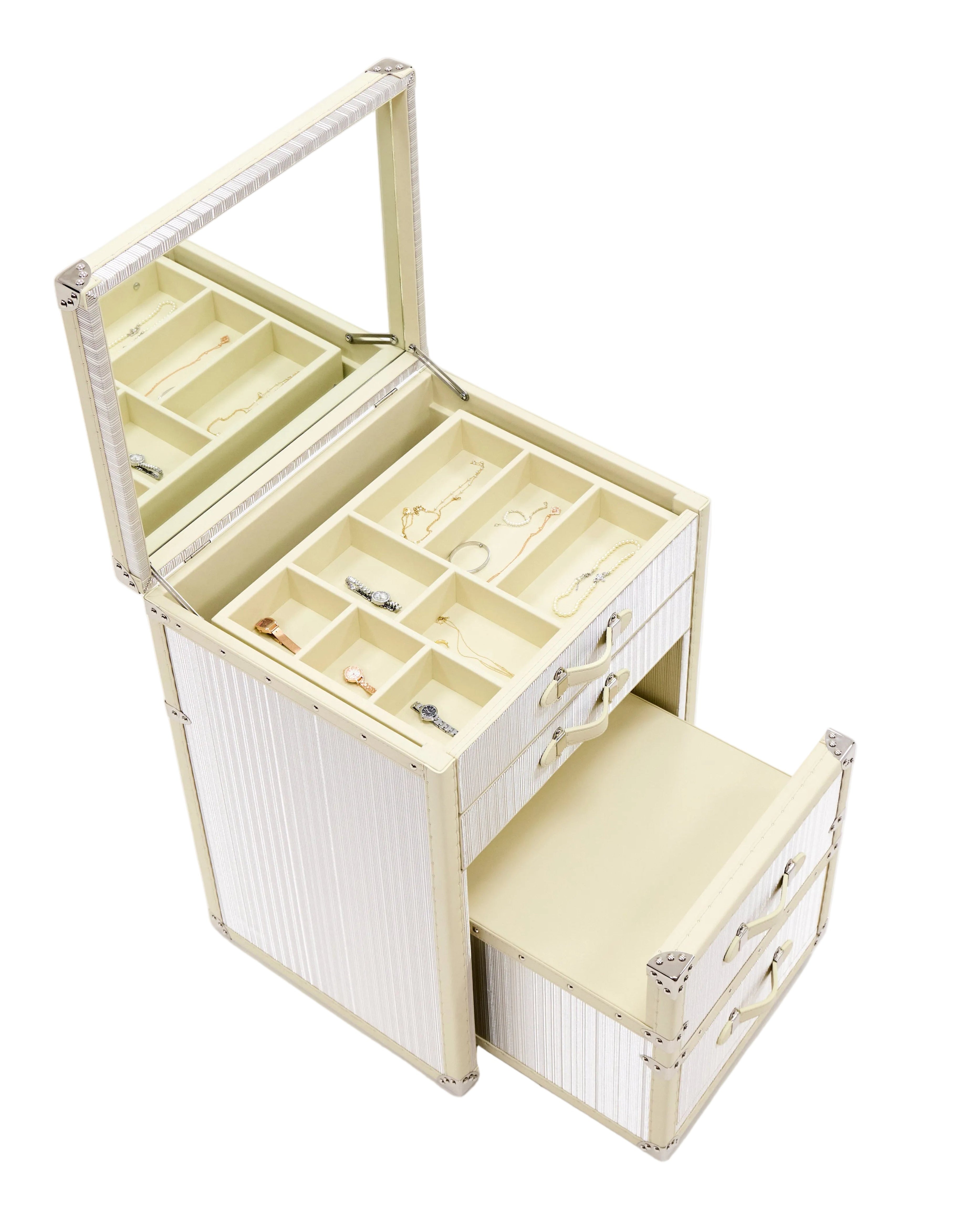 Open view of the gilded white vanity cabinet by SIRAE Dubai