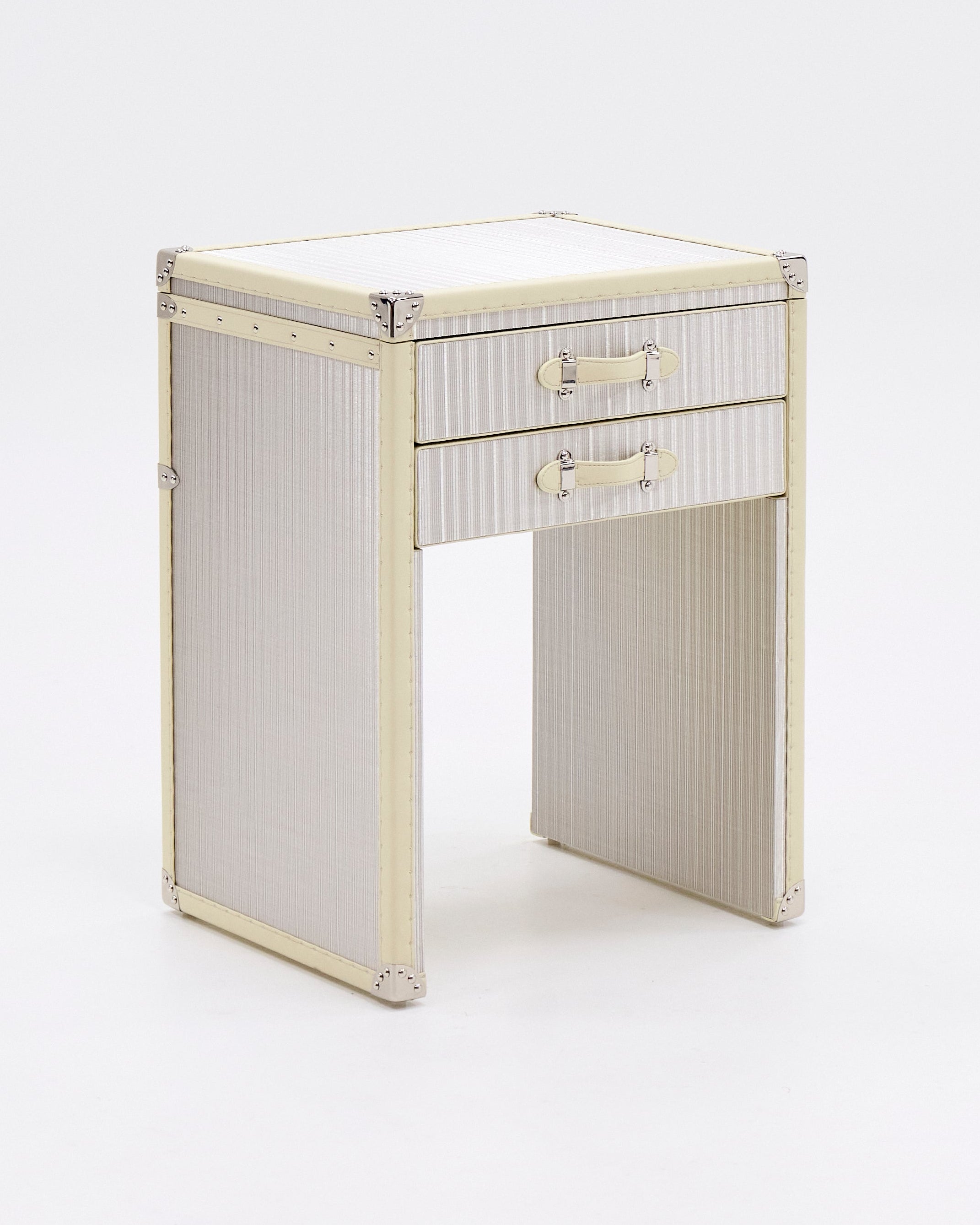 Side view of the SIRAE Aurum Loom gilded white vanity cabinet in a luxury Dubai setting