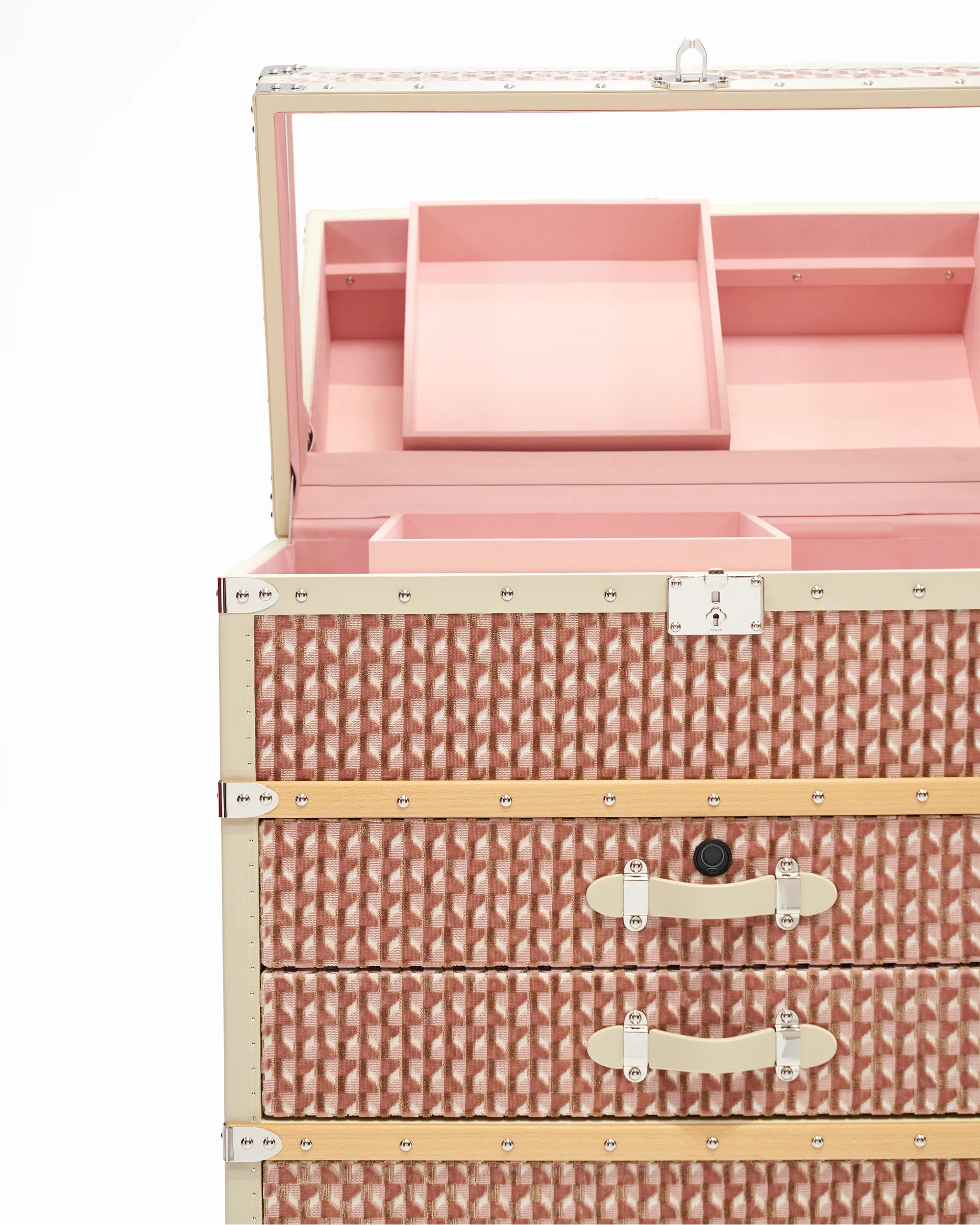 Open view of the blush atelier velvet jewelry trunk by SIRAE Dubai, showing biometric jewelry cabinet