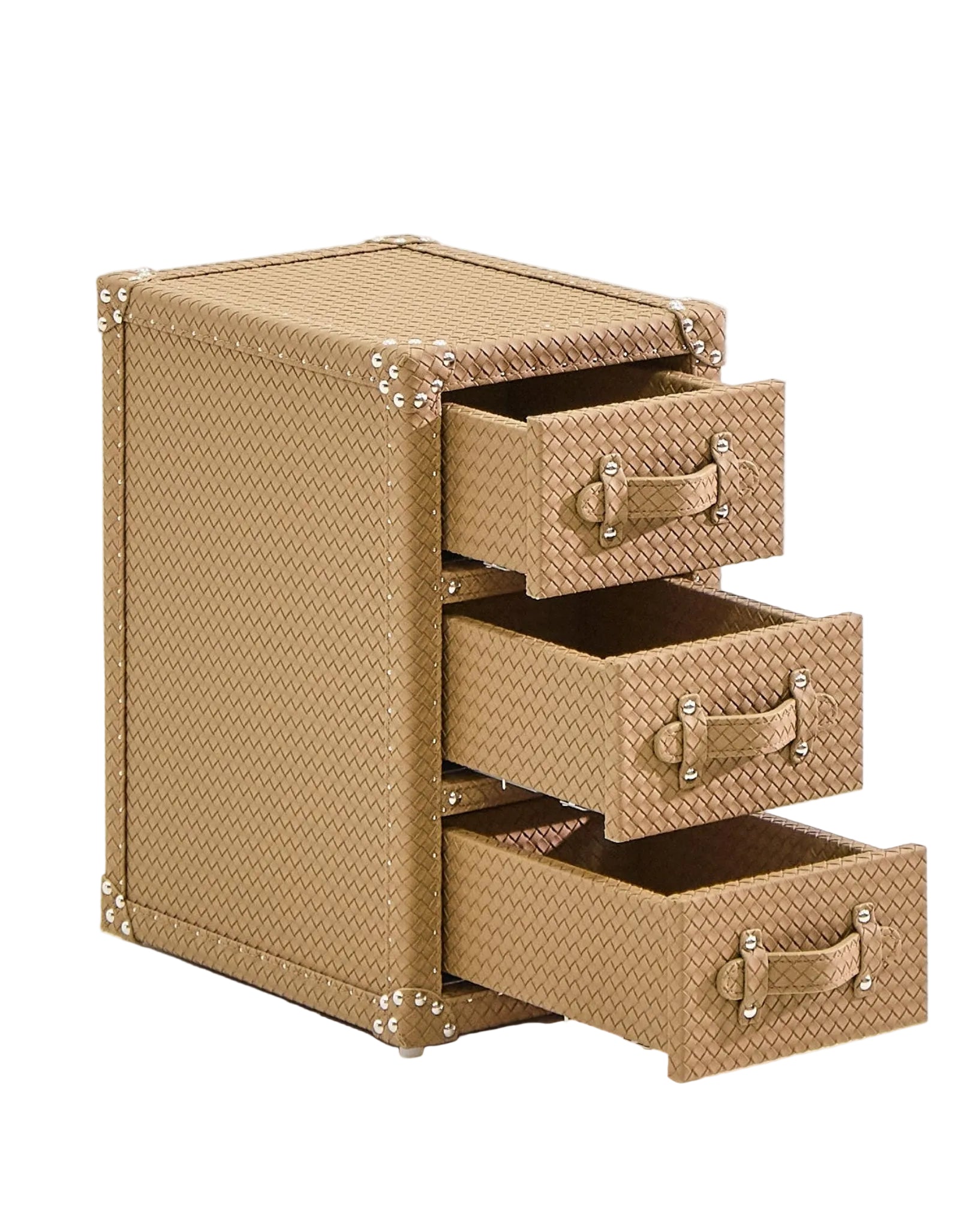 Open view of the brown leather compact storage by SIRAE Dubai
