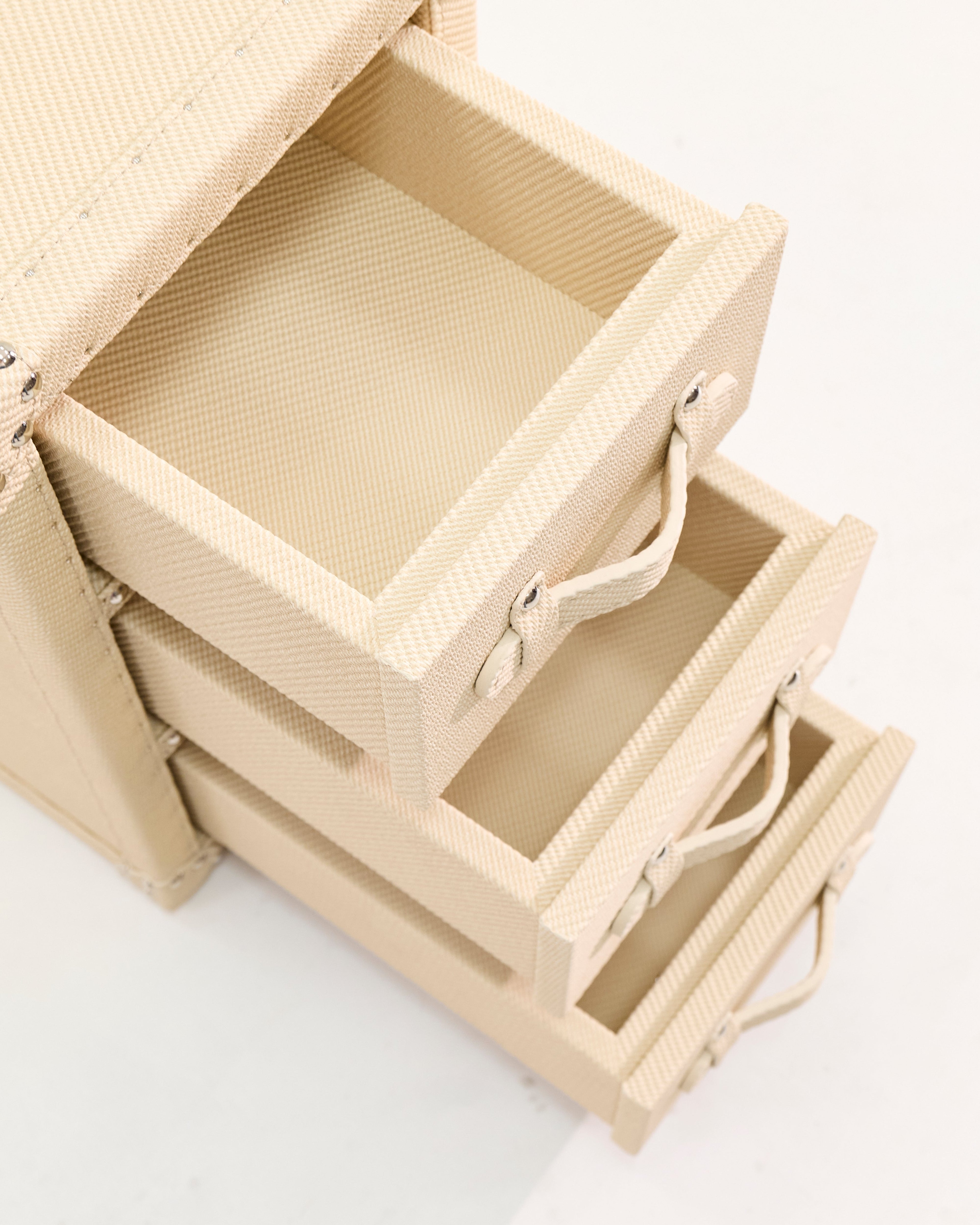 Velvet-lined interior of the SIRAE Heritage Luxe off white compact storage, styled for luxury storage