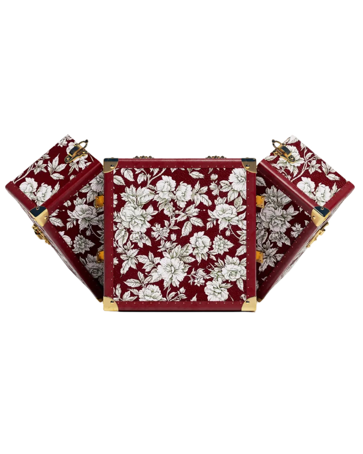 Open view of the floral crimson leather jewelry case by SIRAE Dubai