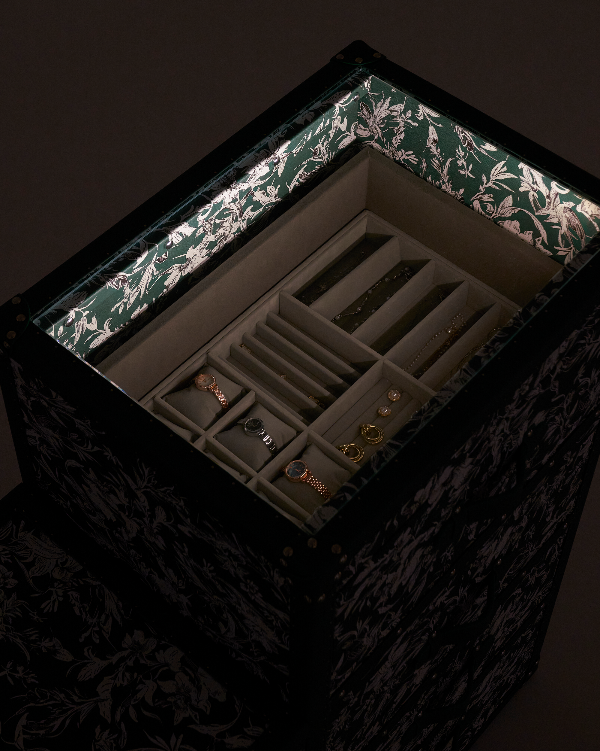 Open view of the meadow floral leather multi-function cabinet by SIRAE Dubai