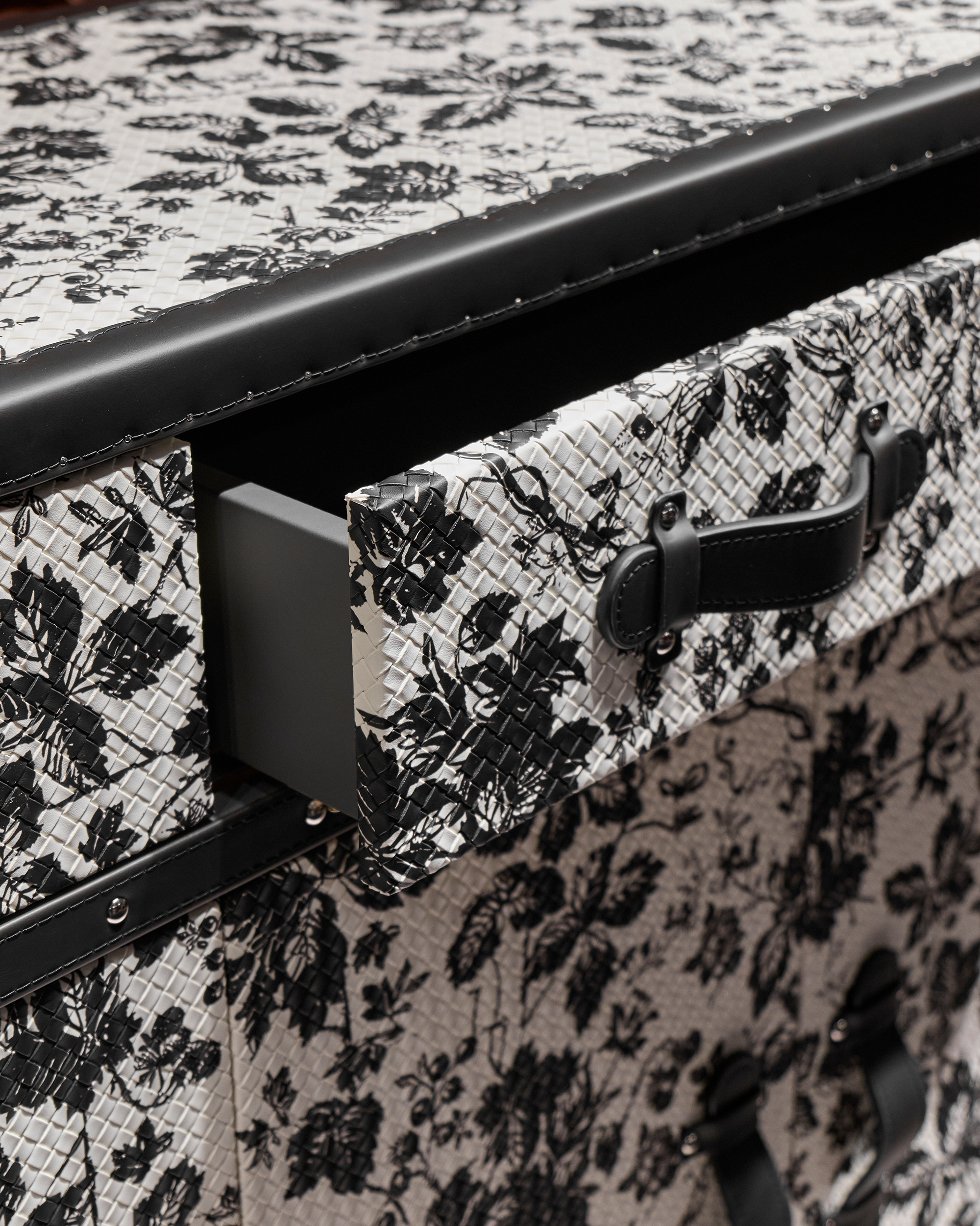 Velvet-lined interior of the SIRAE Heritage Luxe monochrome floral shoe cabinet, styled for luxury storage