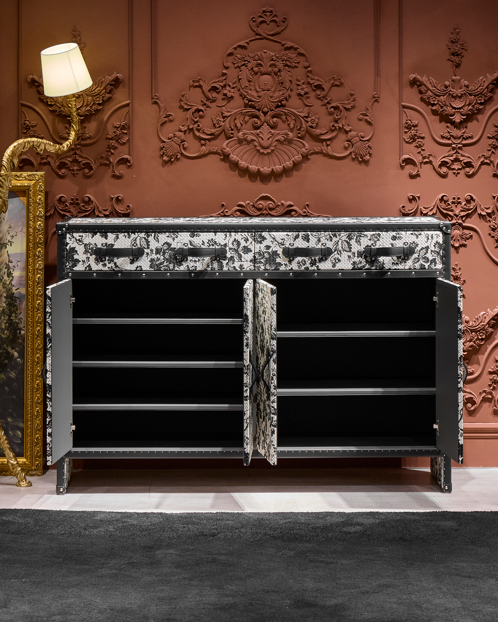 Leather piping texture detail on the SIRAE monochrome floral shoe cabinet