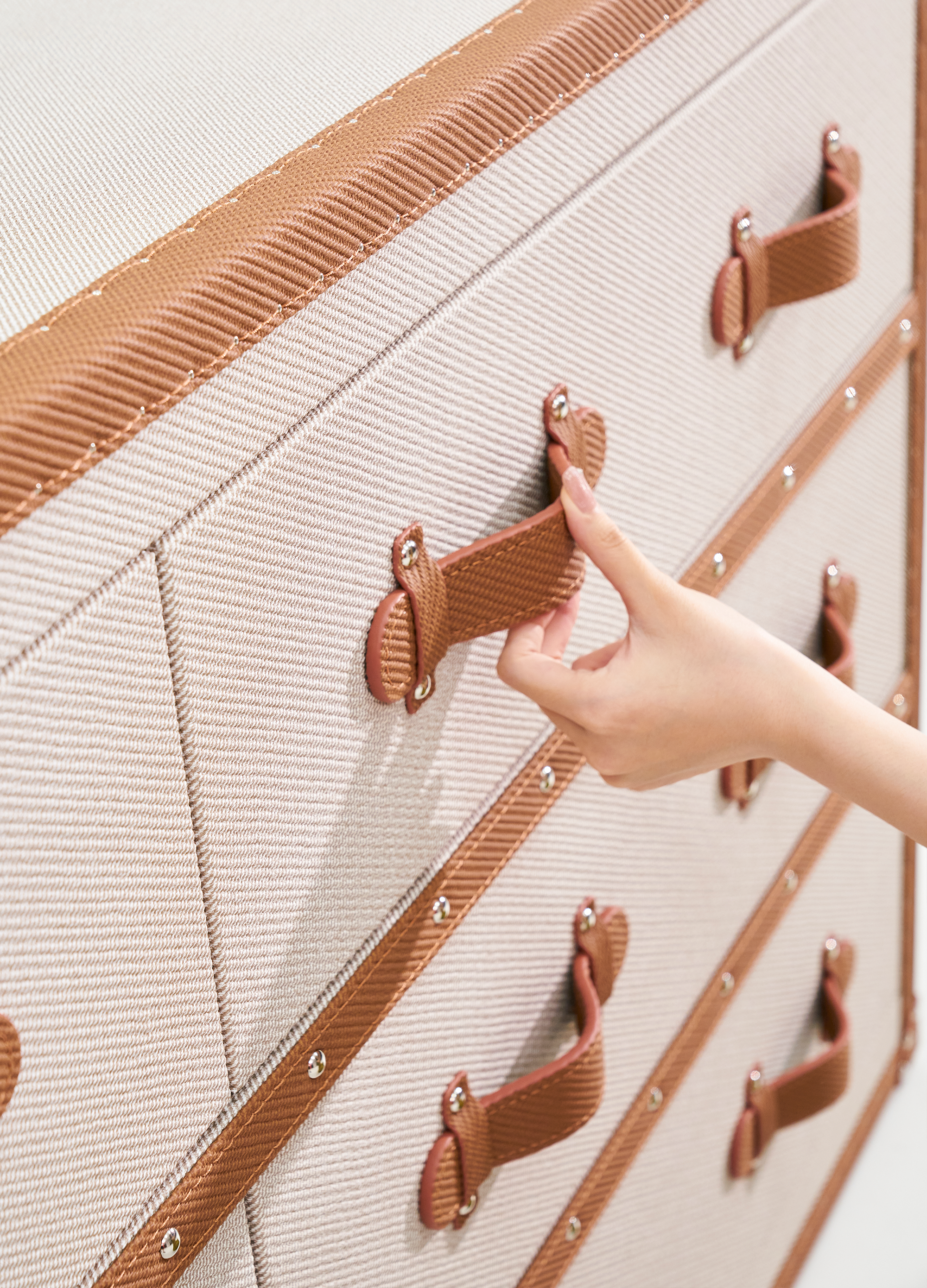 Velvet-lined interior of the SIRAE Heritage Luxe beige & brown side cabinet, styled for luxury storage