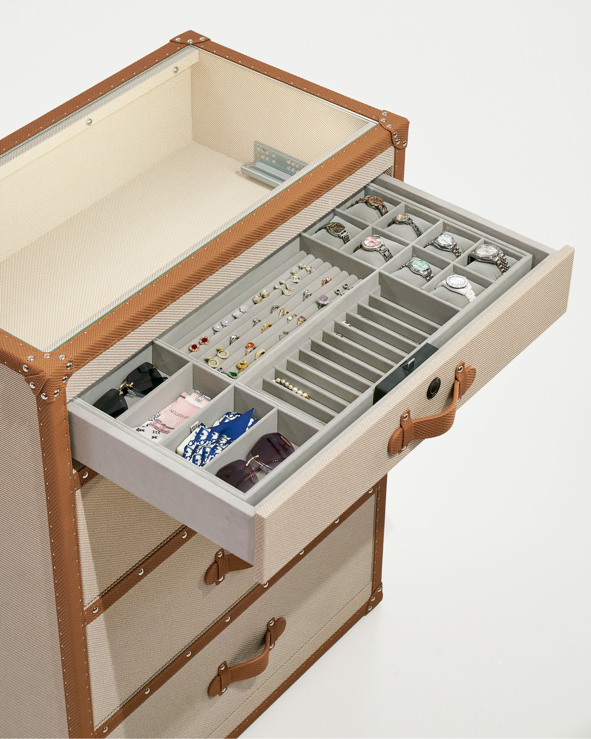 Open view of the beige & brown leather side cabinet by SIRAE Dubai