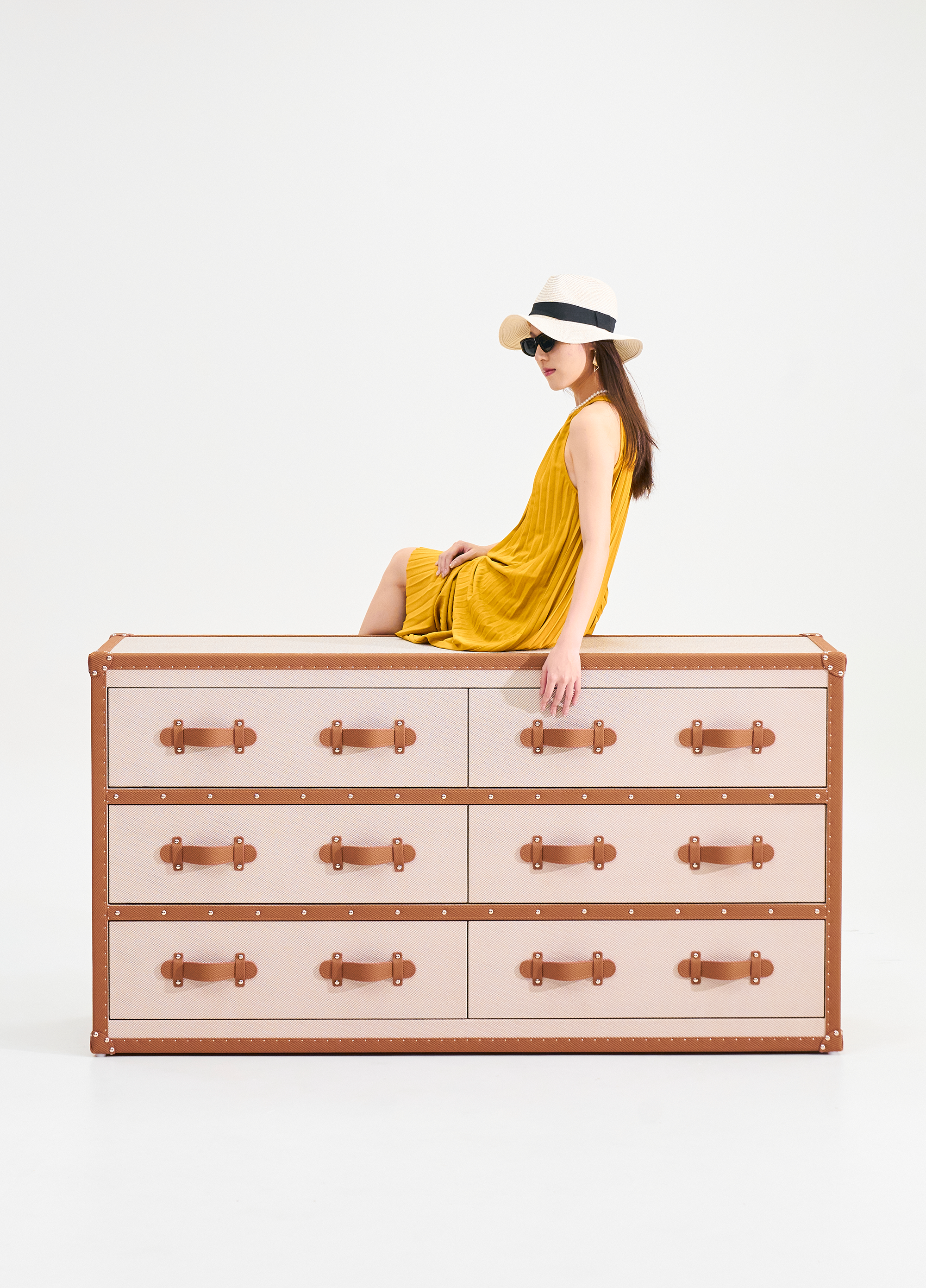 Side view of the SIRAE Heritage Luxe beige & brown side cabinet in a luxury Dubai setting