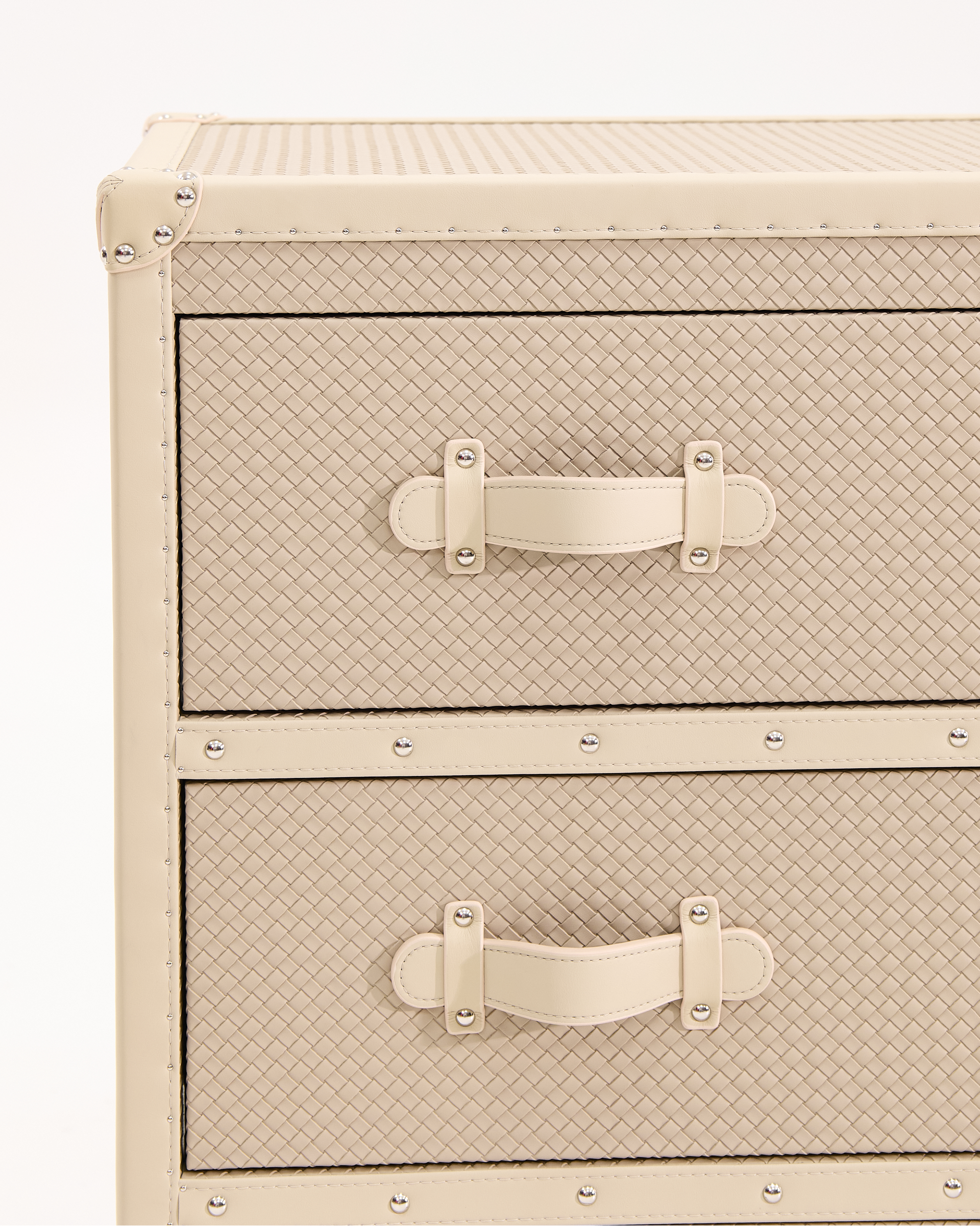 Side view of the SIRAE Heritage Luxe beige side cabinet in a luxury Dubai setting