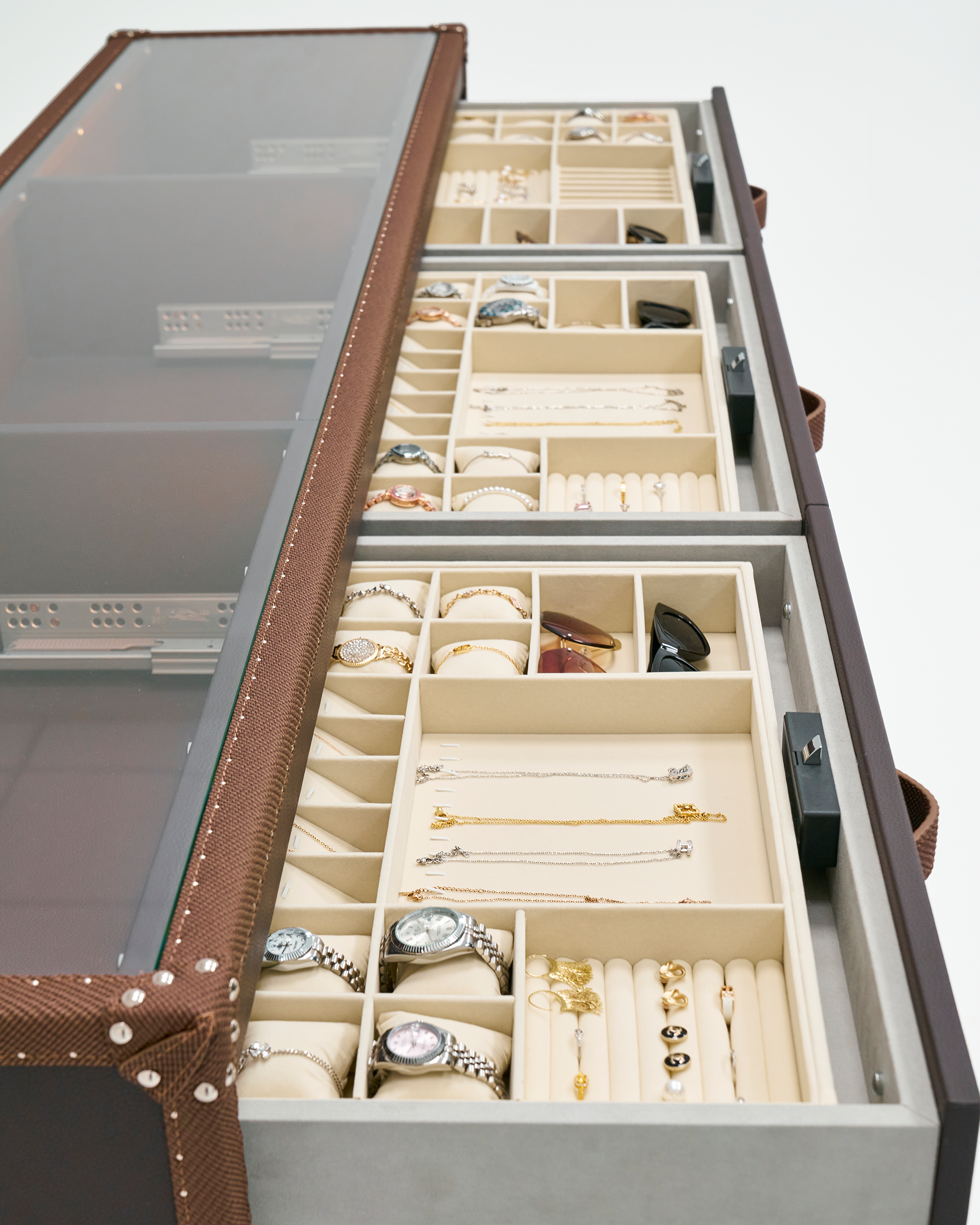 Open view of the brown leather side cabinet by SIRAE Dubai