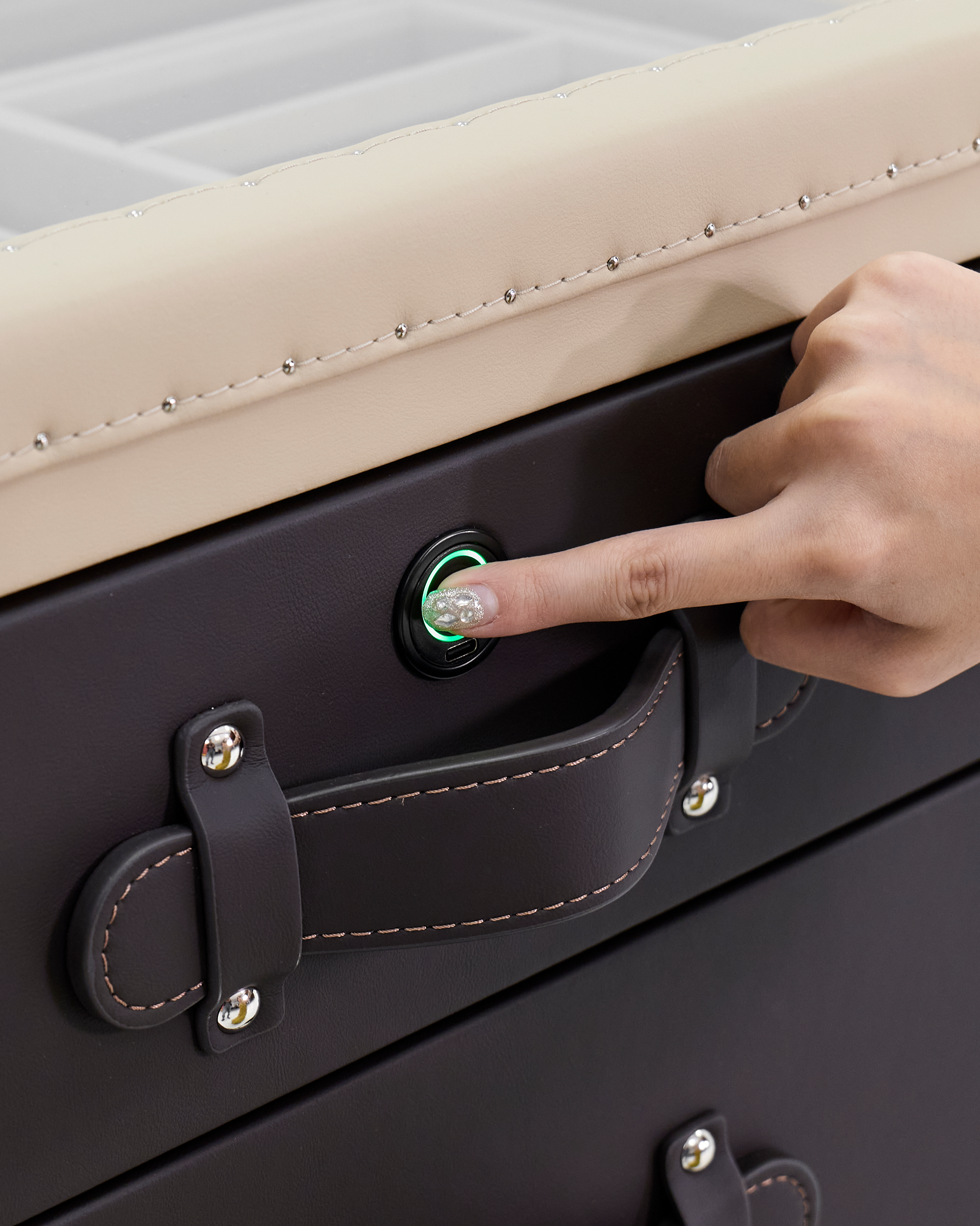 Velvet-lined interior of the SIRAE Heritage Luxe noir & crème side cabinet, styled for luxury storage