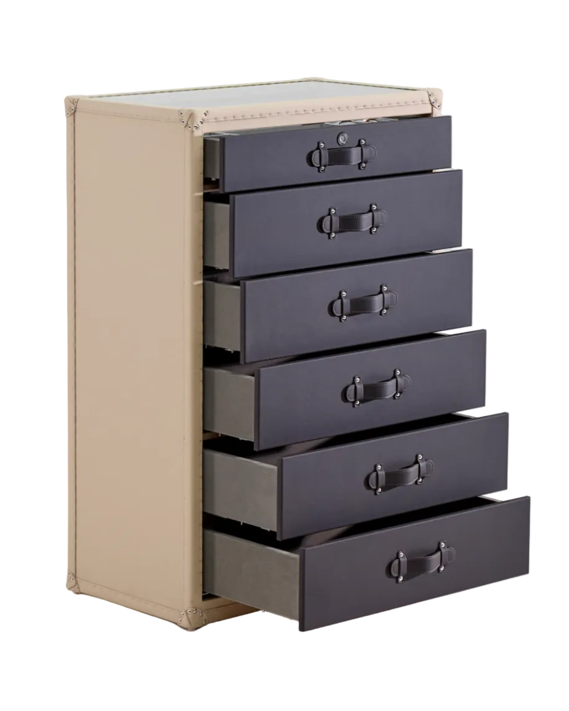 Open view of the noir & crème leather side cabinet by SIRAE Dubai