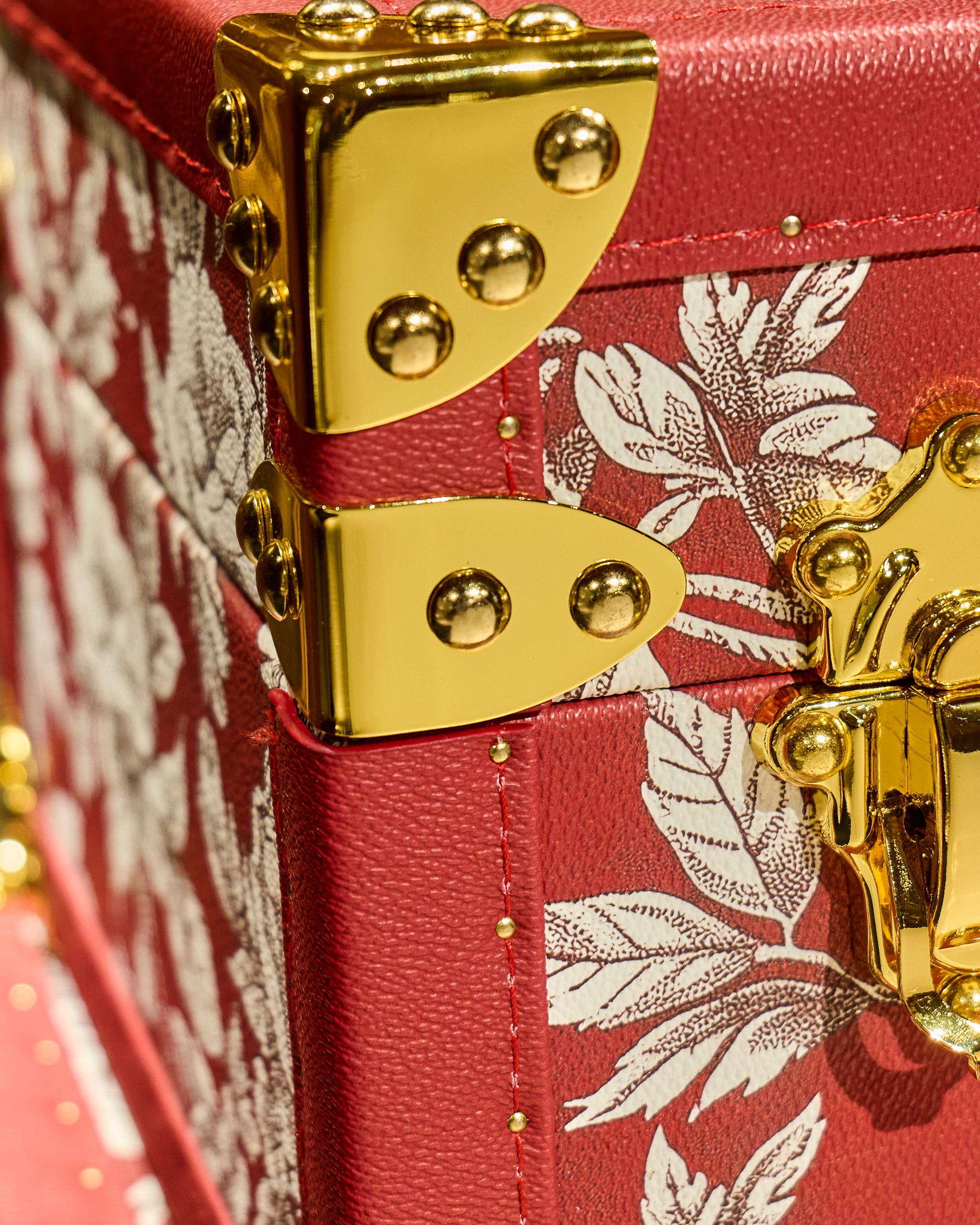 Velvet-lined interior of the SIRAE Heritage Luxe red tower case, styled for luxury storage