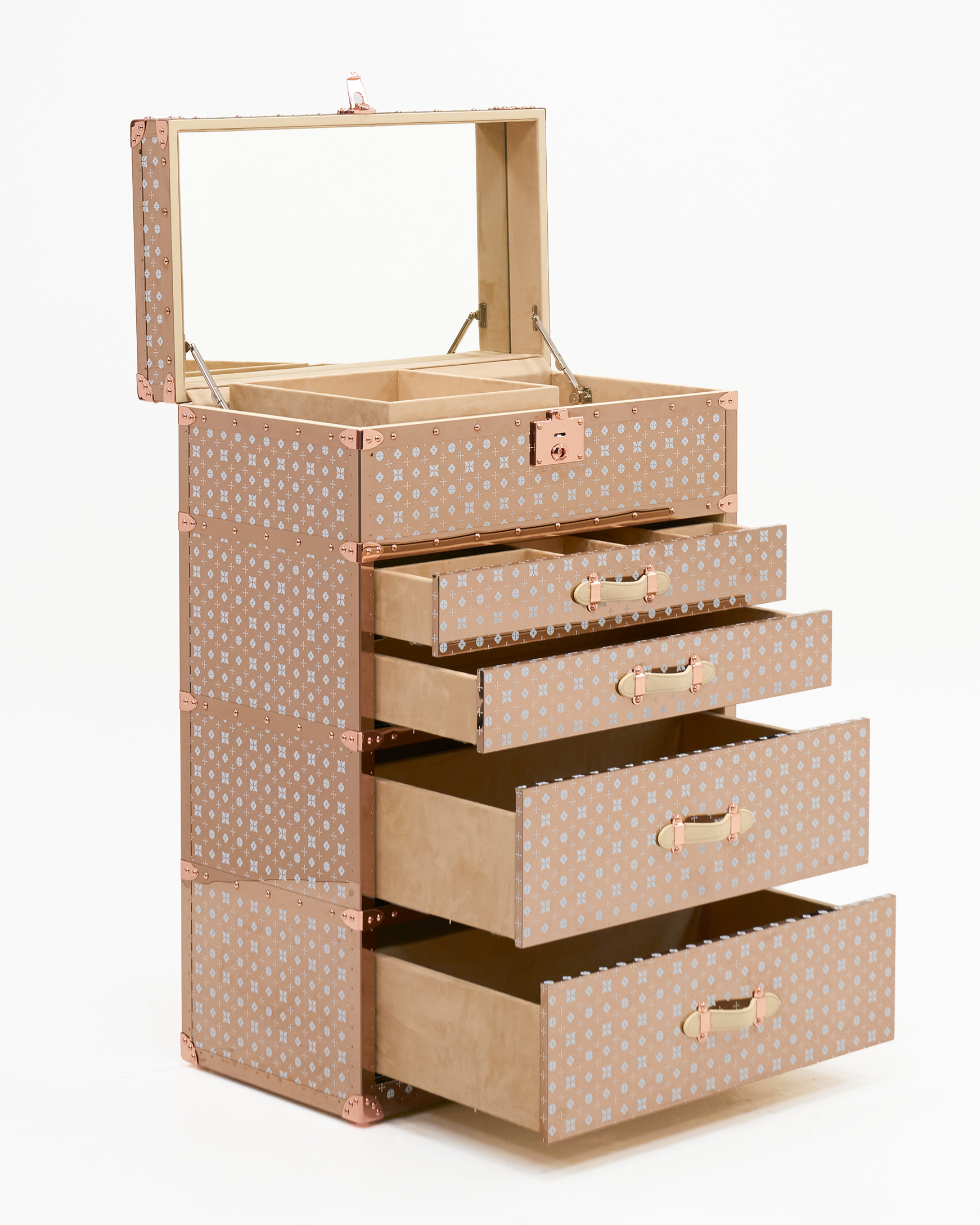 Side view of the SIRAE Lumière Atelier rose gold jewelry trunk in a luxury Dubai setting