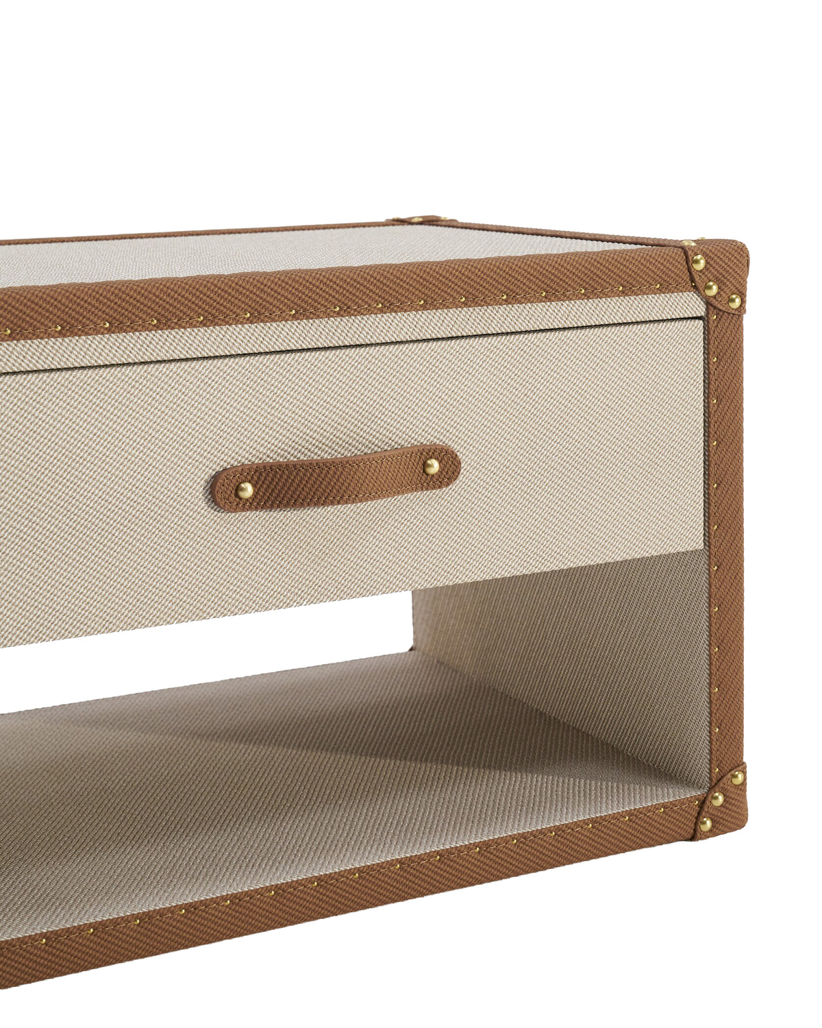 Hardware and finish detail on the ivory and cognac microfiber leather bedside cabinet, SIRAE Dubai