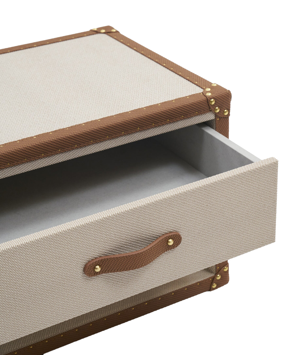 Fitted interior of the ivory and cognac microfiber leather bedside cabinet, SIRAE Dubai