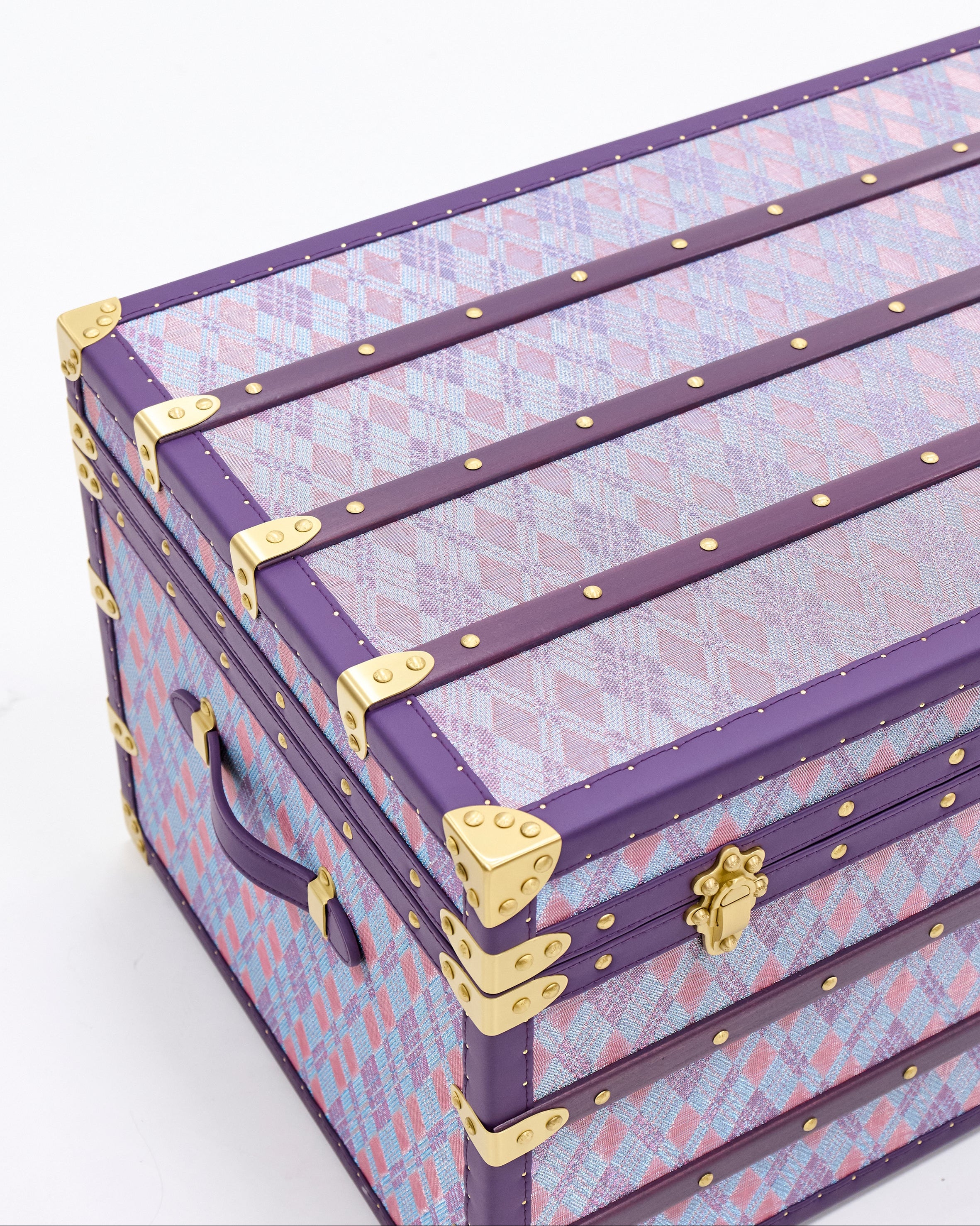 Amethyst microfiber leather storage trunk coffee table styled in a luxury Dubai interior by SIRAE