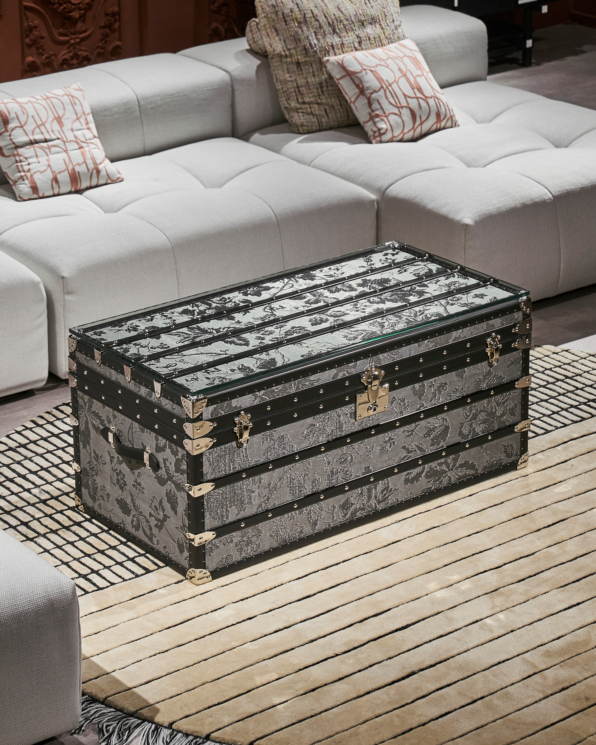 Monochrome microfiber leather storage trunk coffee table, side view, by SIRAE Dubai