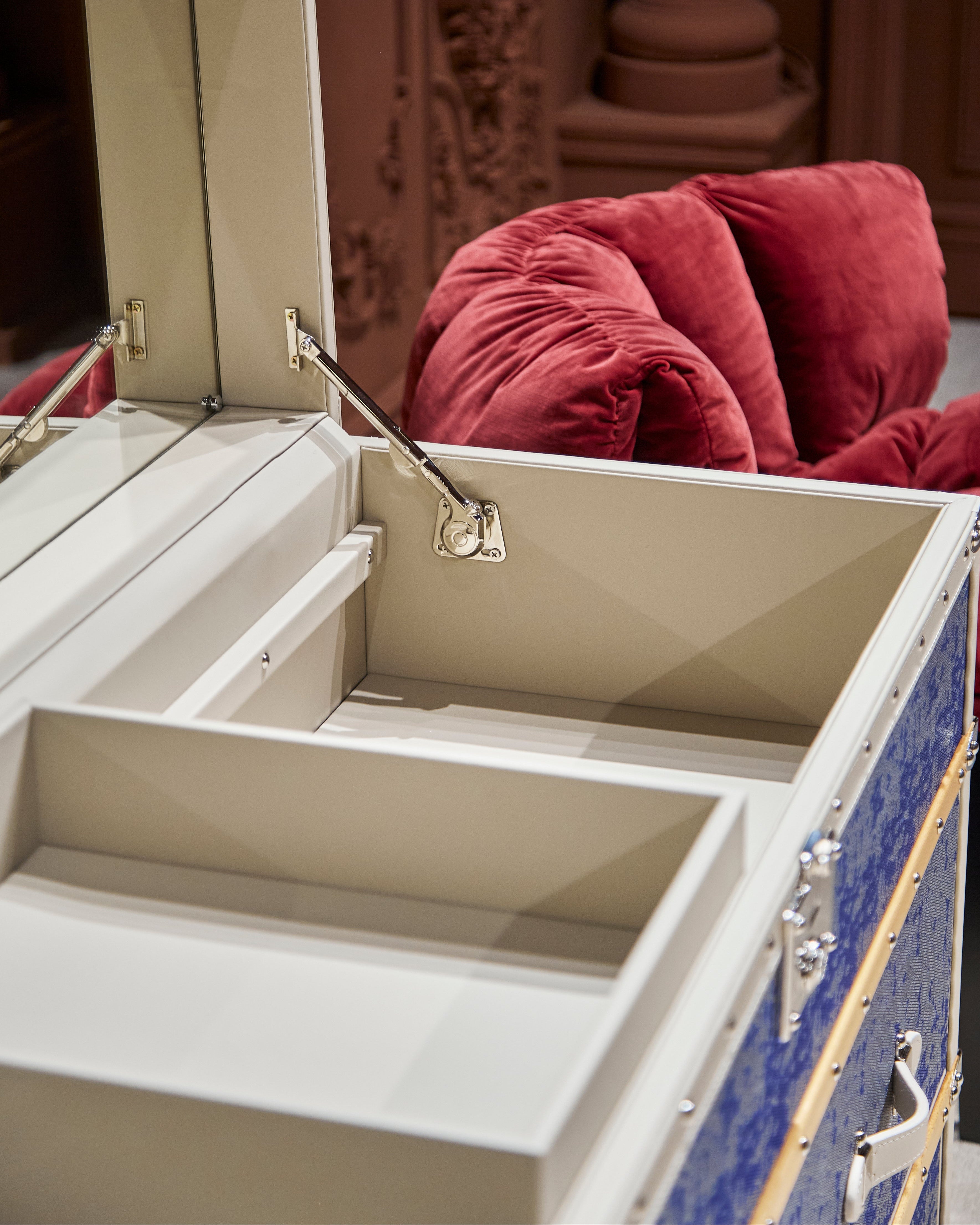 Sapphire microfiber leather vanity dresser with mirror styled in a luxury Dubai interior by SIRAE