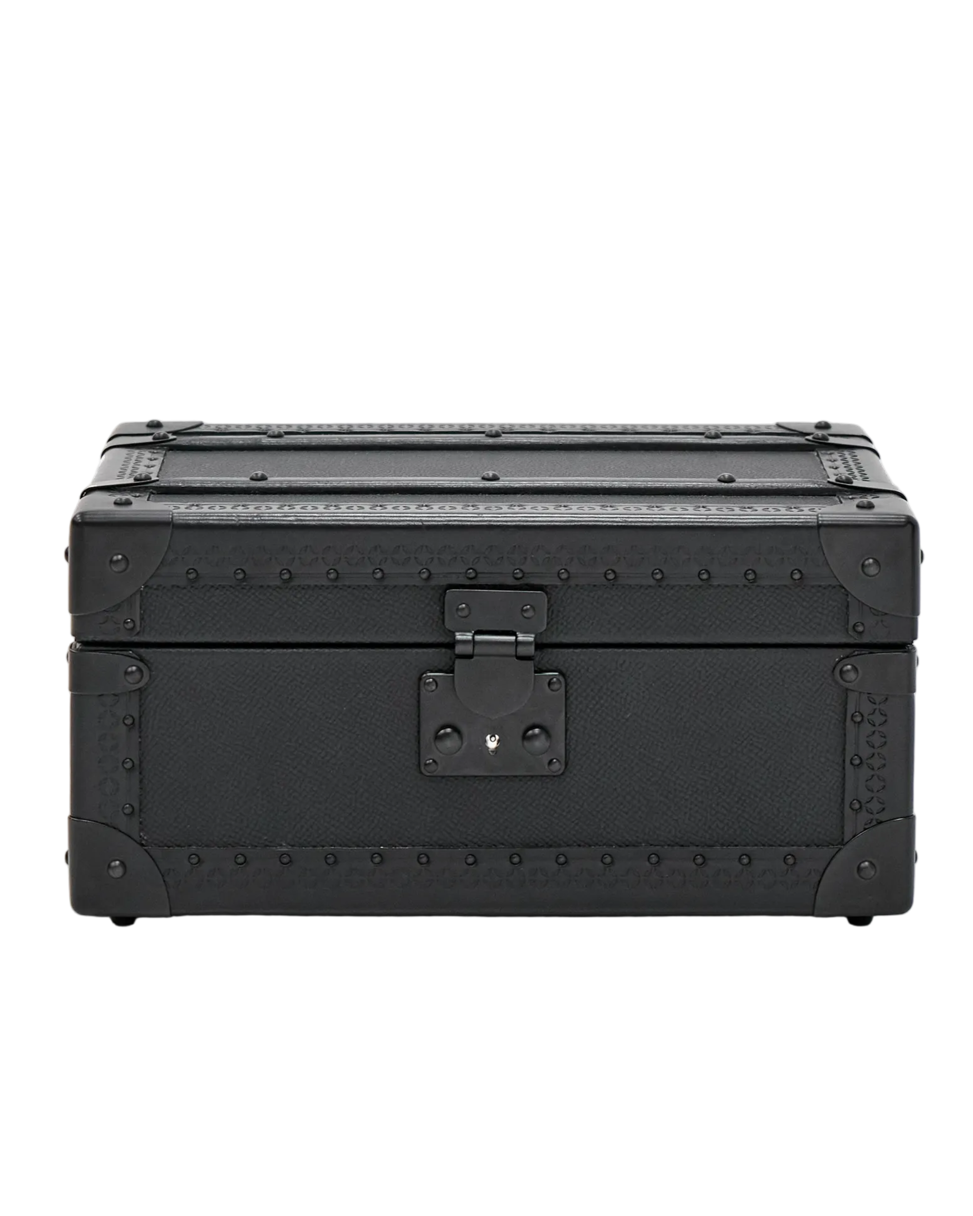 Open view of the noir leather jewelry box, Heritage Print, SIRAE Casa Dubai