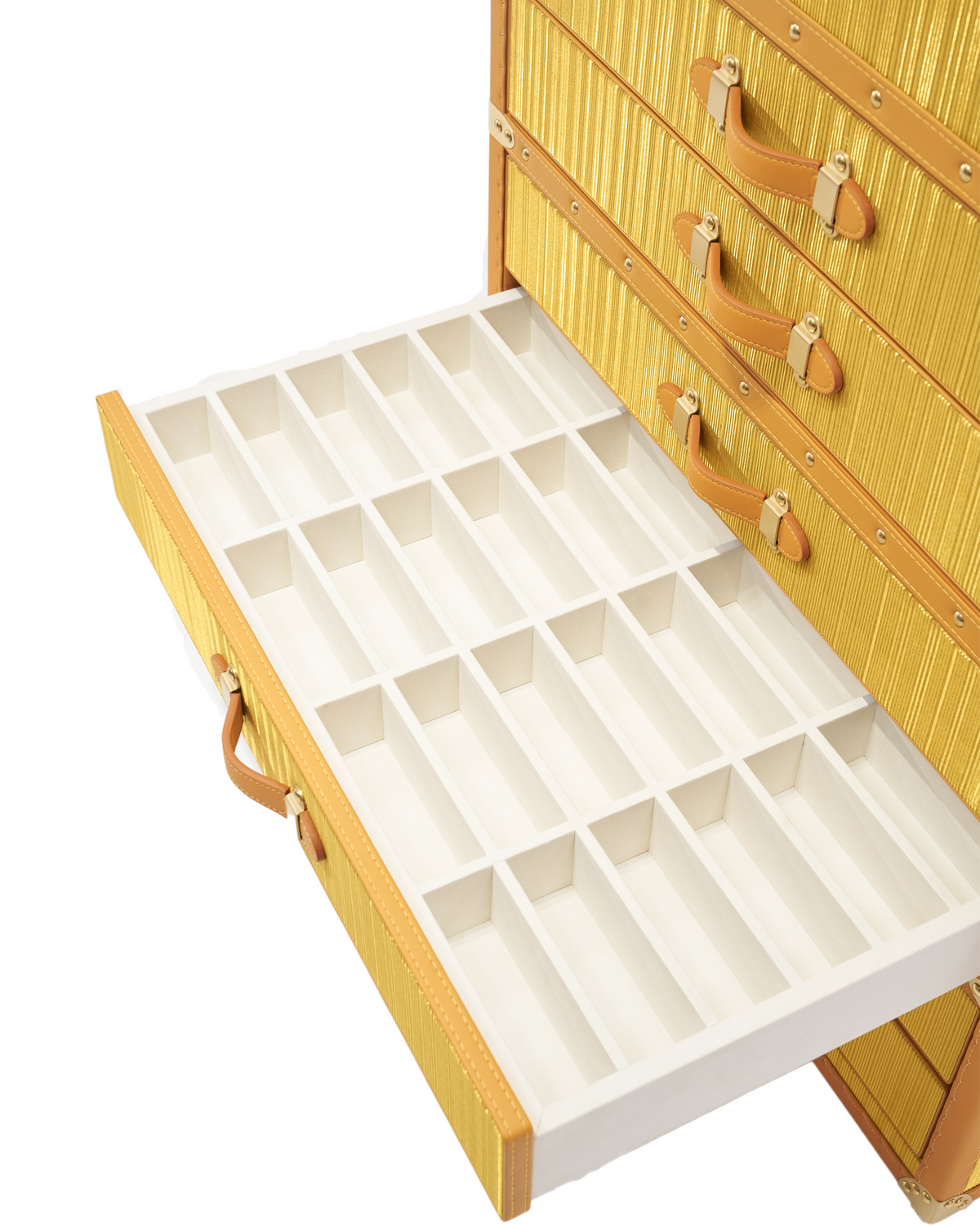 Polished hardware and latch detail on the Honey Gold cabinet