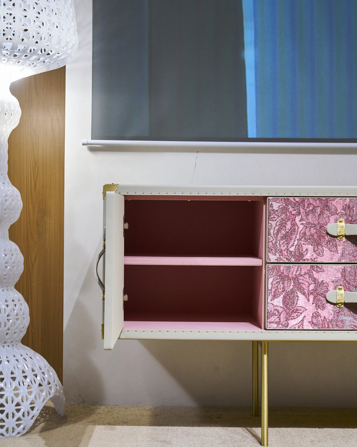 Blush bloom console cabinet and sideboard styled in an interior
