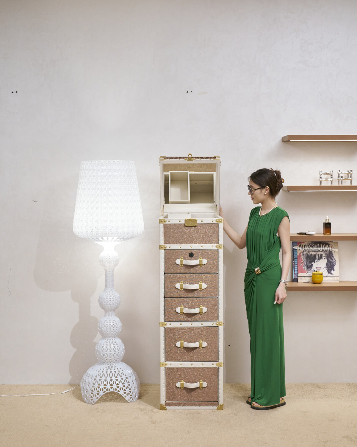 Side profile of the cognac woven copper wire narrow chest of drawers, SIRAE Dubai