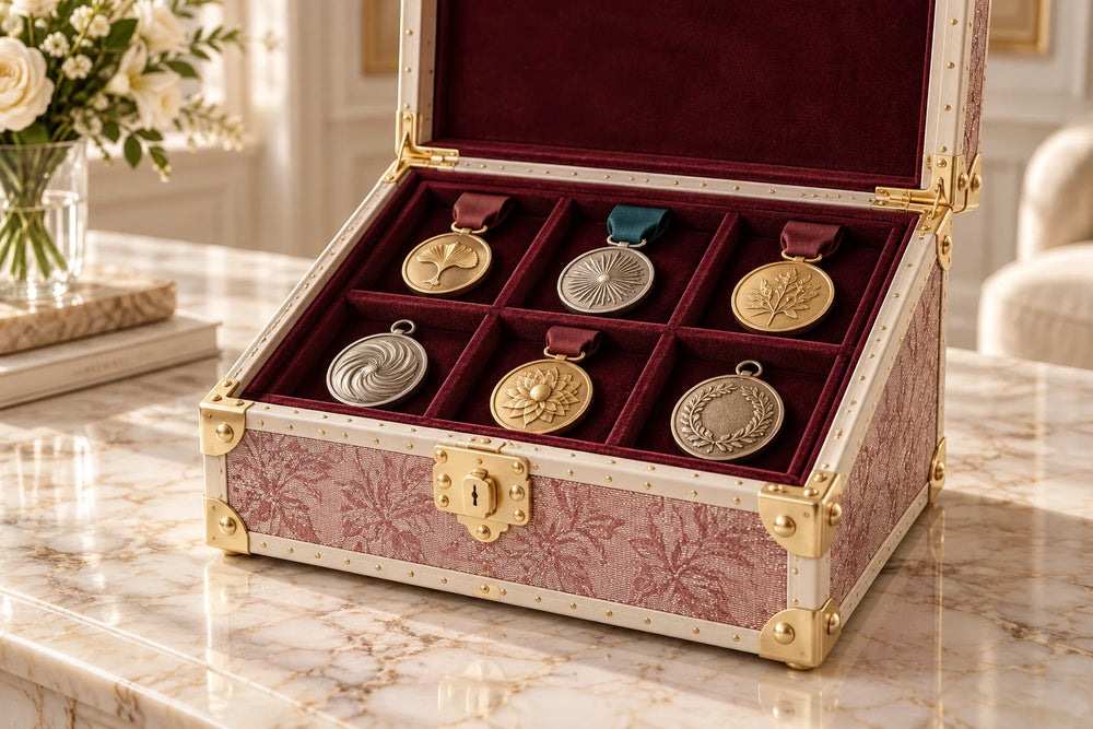 Burgundy-lined rigid case arranged for medals and personal keepsakes