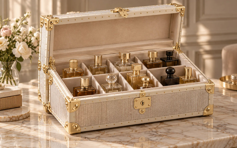 Silver-champagne collector trunk with fitted compartments for fragrance bottles