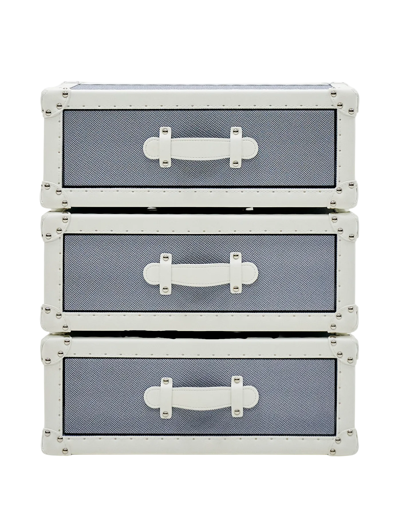 SIRAE Cuir Luxe rotating cabinet in two-tone blue and white leather, Dubai luxury atelier