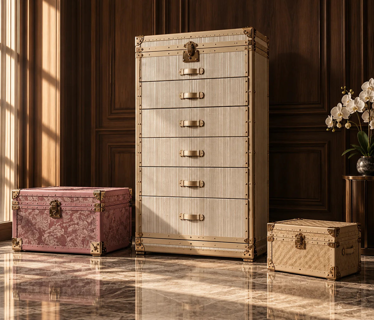 Editorial setting of pale Aurum Wire cabinets and personal cases in a warm architectural interior