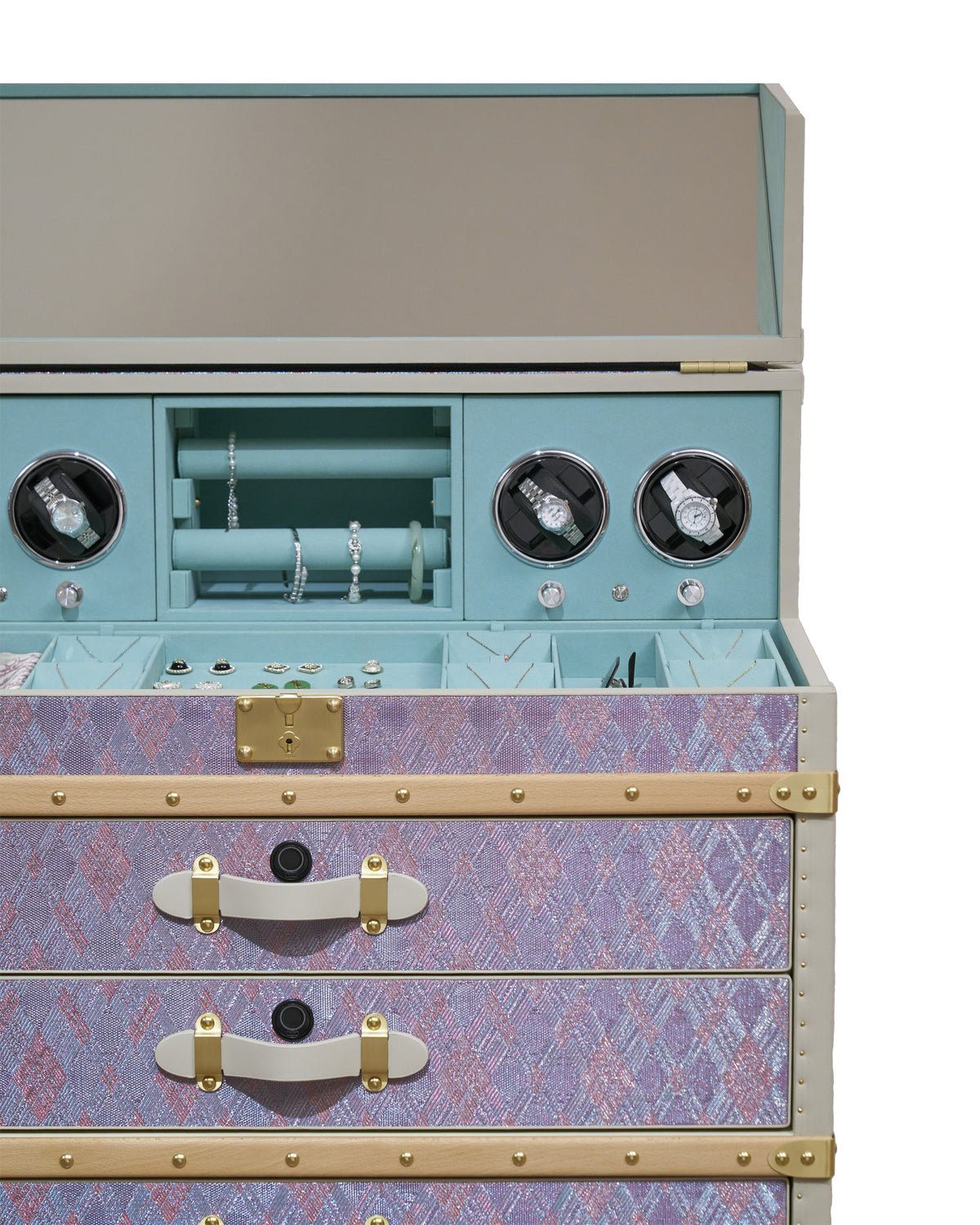 Fitted watch and jewelry storage inside the Horologist trunk