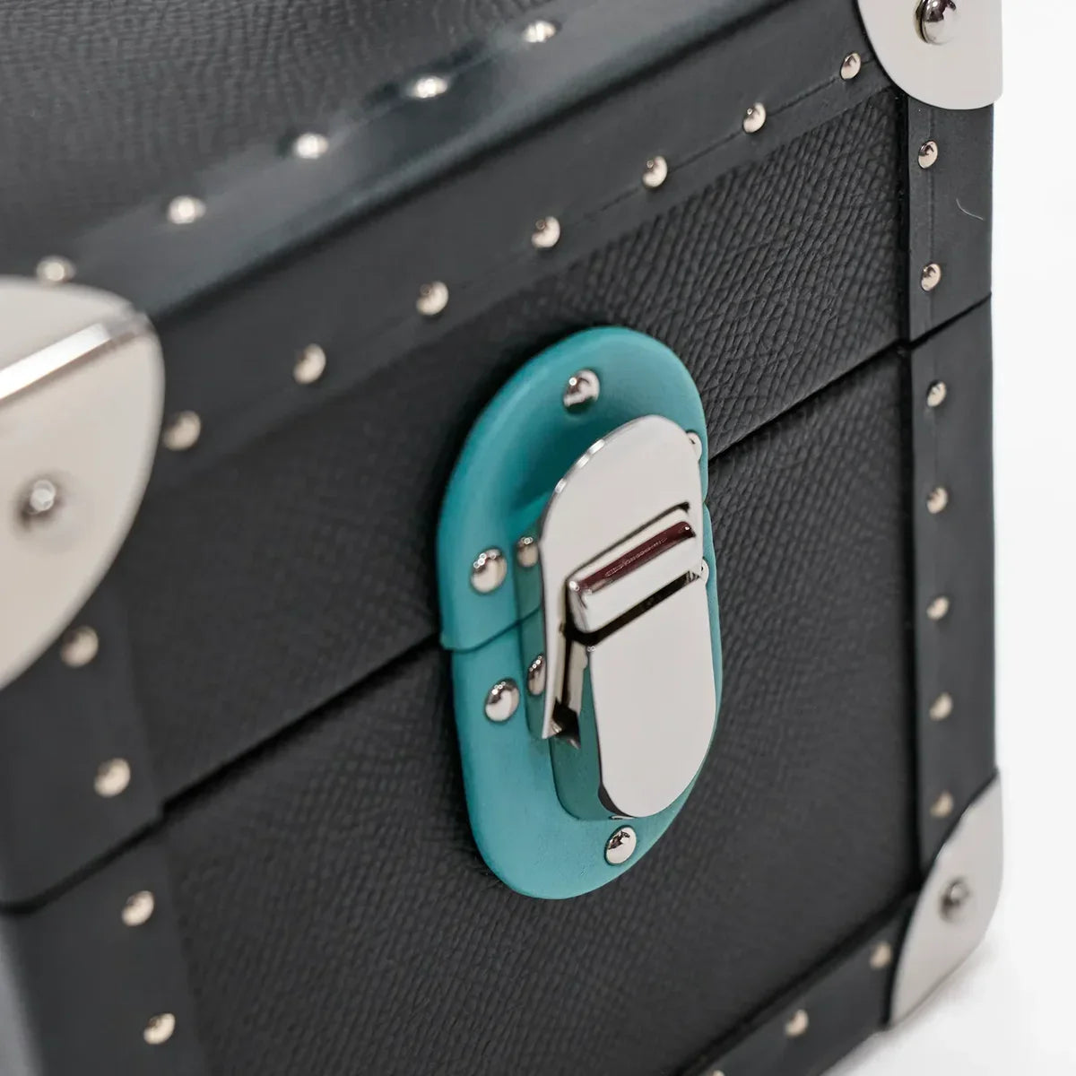 Hand-finished leather jewellery trunk with plush teal interior for Dubai collectors